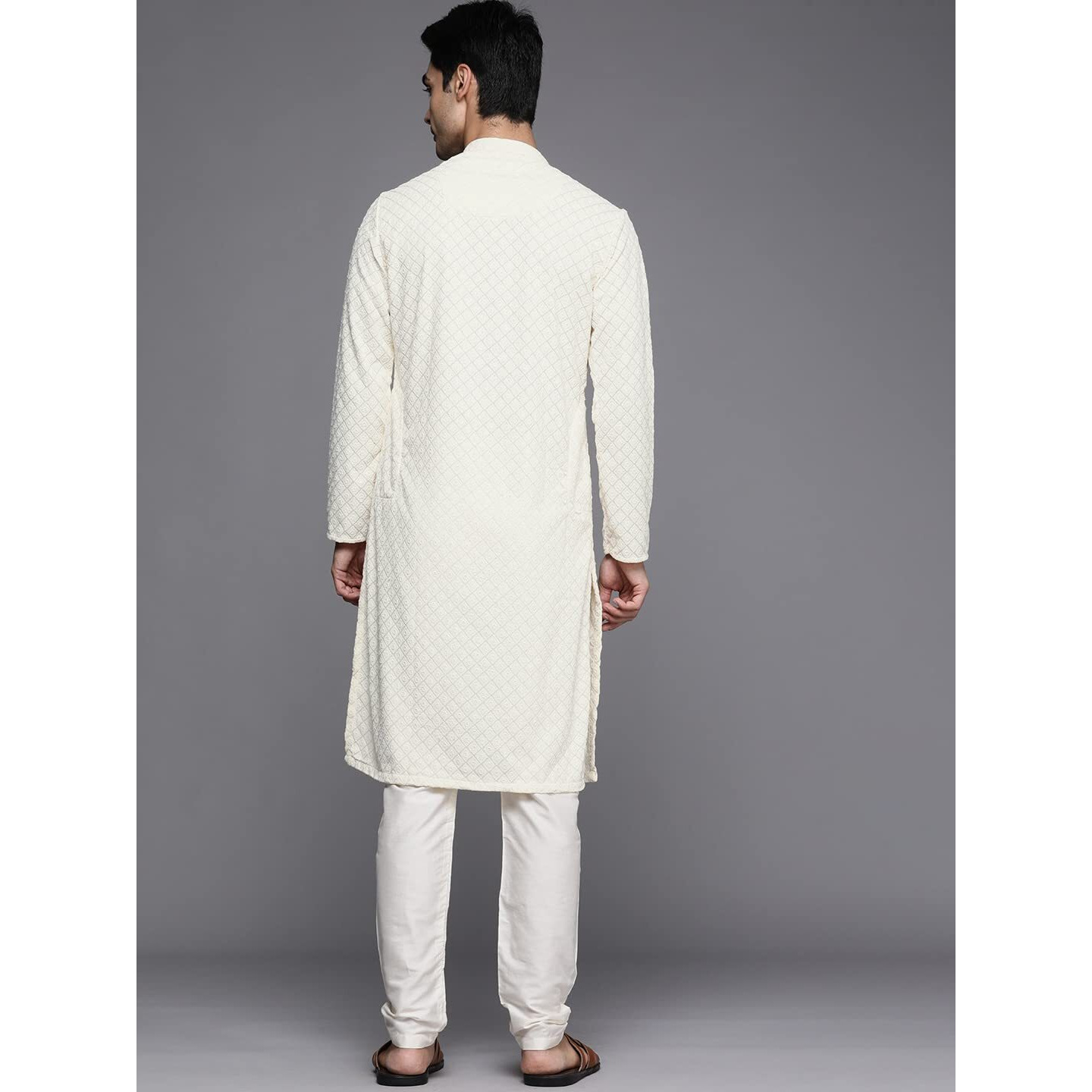 Manyavar Kurta Set For Men, Full Sleeves Mandarin Collar Ethnic Kurta Set For Engagement, Wedding, Party All Over Self Design (Off White, L)