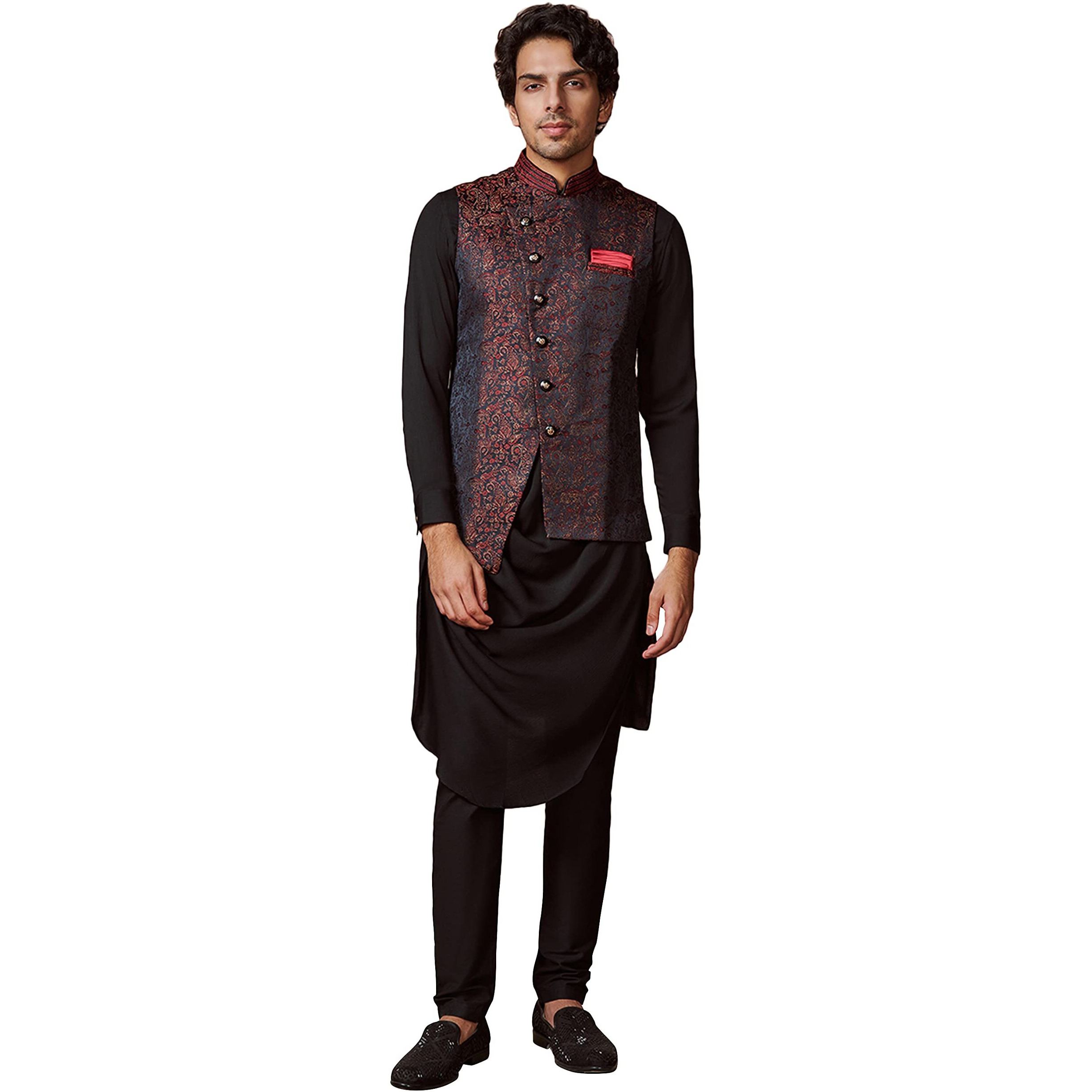 Manyavar Kurta Jacket Set for Men, Full Sleeves Mandarin Collar Ethnic Kurta Jacket Set for Festival, Wedding, Party Blended Rayon (Black, M)