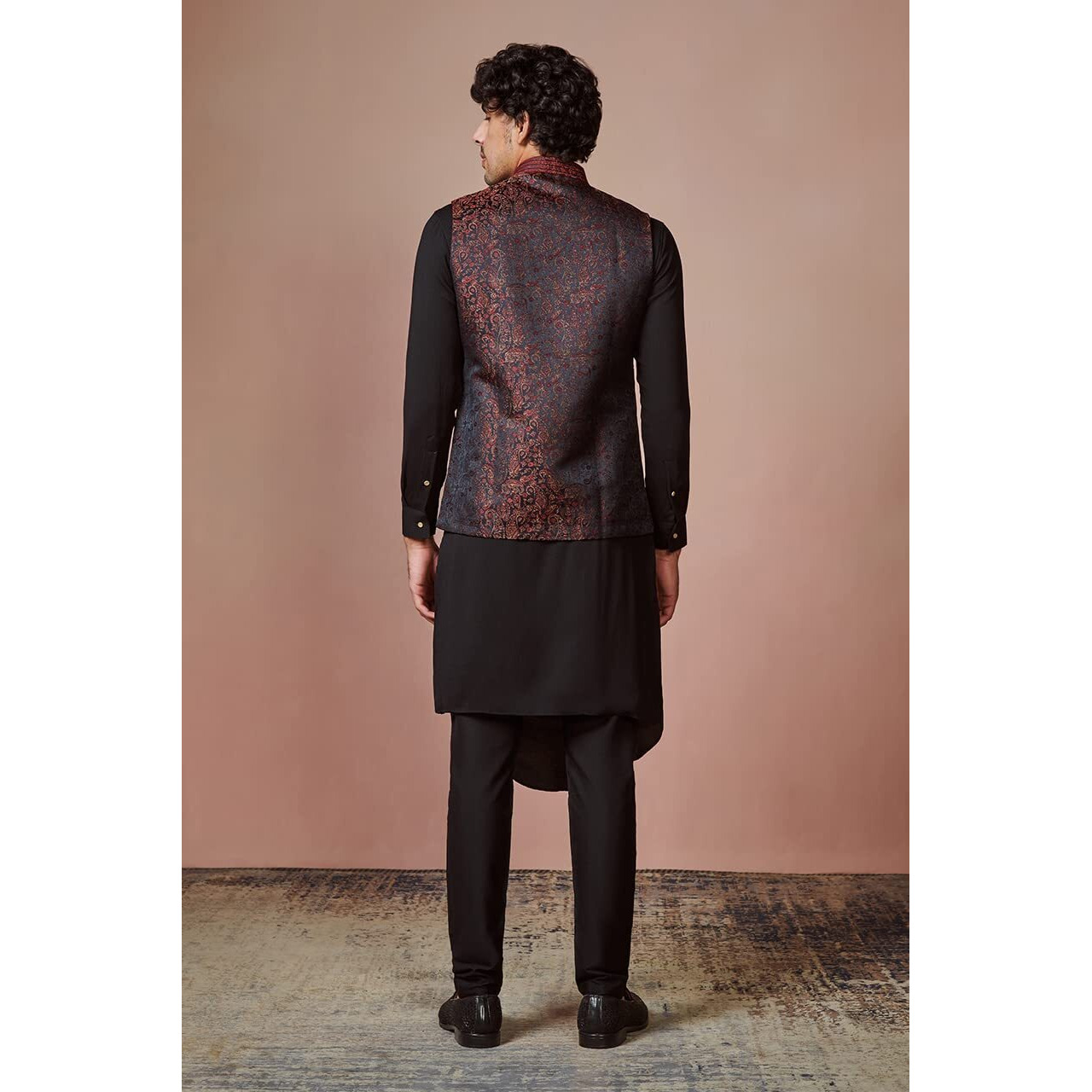 Manyavar Kurta Jacket Set for Men, Full Sleeves Mandarin Collar Ethnic Kurta Jacket Set for Festival, Wedding, Party Blended Rayon (Black, M)