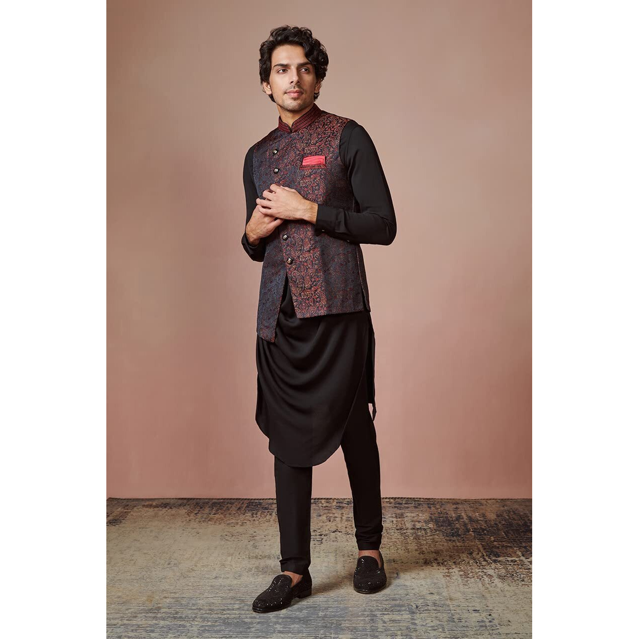 Manyavar Kurta Jacket Set for Men, Full Sleeves Mandarin Collar Ethnic Kurta Jacket Set for Festival, Wedding, Party Blended Rayon (Black, M)