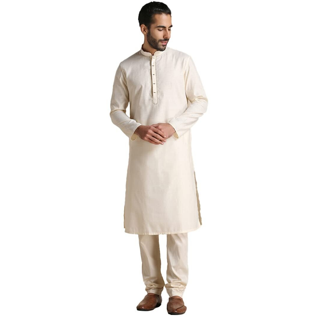 Manyavar Kurta Set for Men, Full Sleeves Mandarin Collar Ethnic Men's Kurta Set For Engagement, Wedding, Party Blended Cotton Solid (Off White, L)
