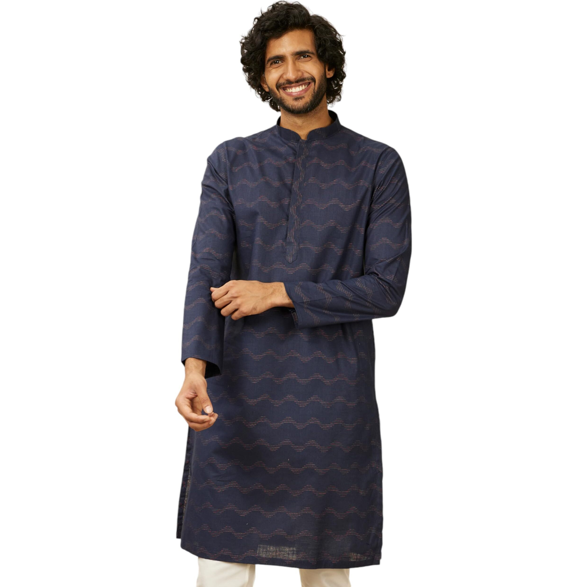 Manyavar Mens Kurta Only, Ethnic Kurta for Men, Full Sleeves Mandarin Collar Wave Blended Cotton Kurta Only (Blue) (3XL)