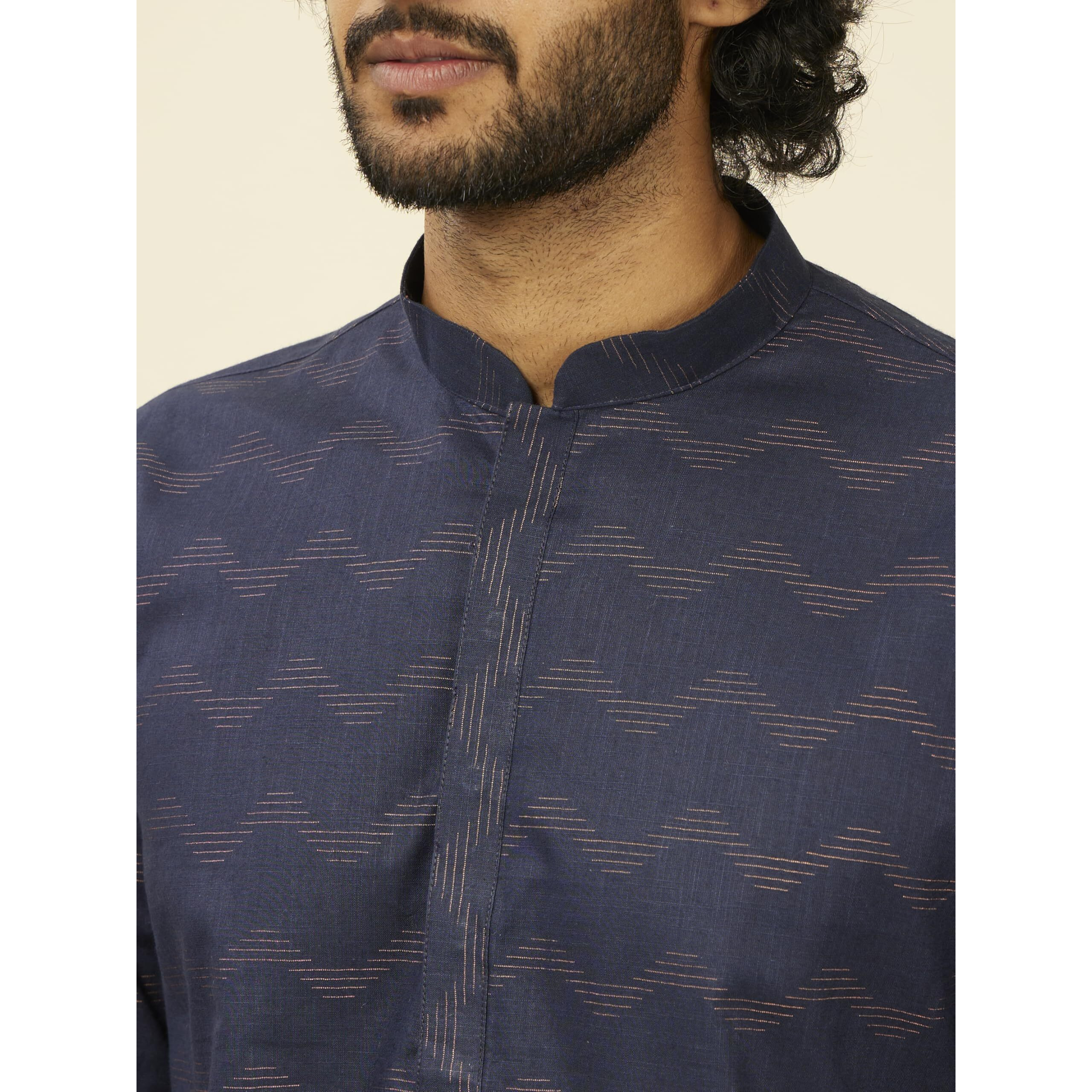 Manyavar Mens Kurta Only, Ethnic Kurta for Men, Full Sleeves Mandarin Collar Wave Blended Cotton Kurta Only (Blue) (3XL)