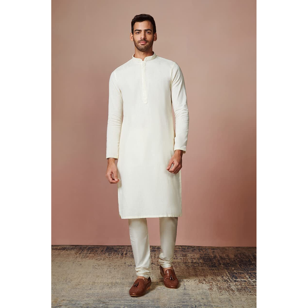 Manyavar Kurta Jacket Set for Men, Full Sleeves Mandarin Collar Ethnic Kurta Jacket Set for Festival, Wedding, Party Blended Cotton (Off White, XL)