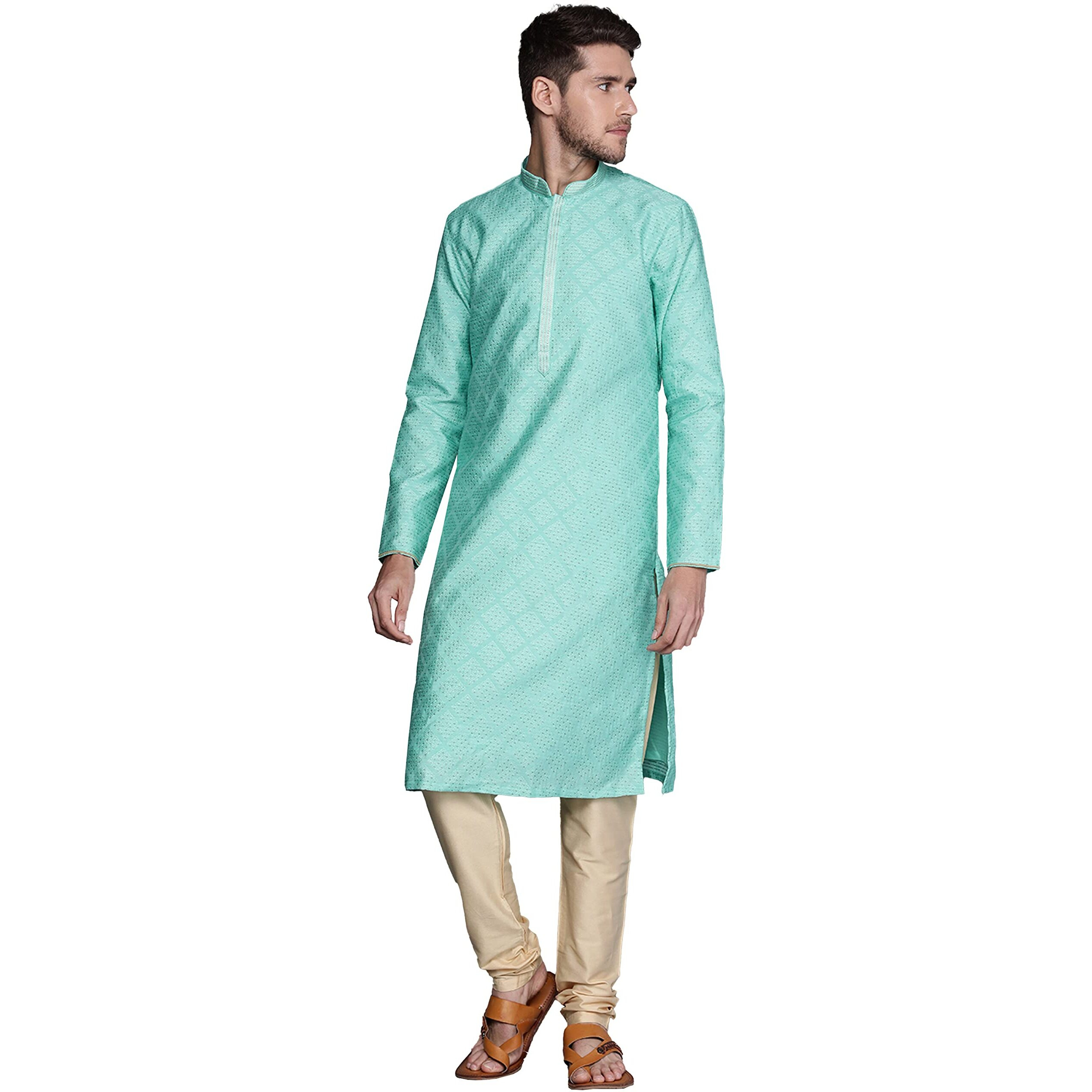 Manyavar Kurta Set for Men, Full Sleeves Mandarin Collar Ethnic Kurta Sets for Engagement, Wedding, Party Solid Kurta Set Art Silk (Light Green, M)