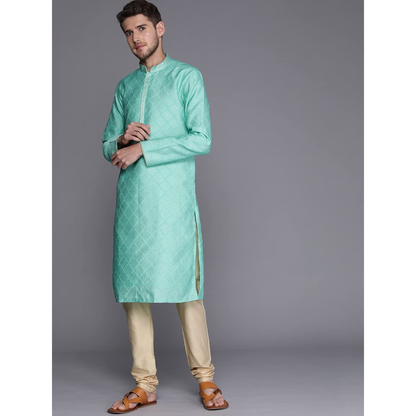 Manyavar Kurta Set for Men, Full Sleeves Mandarin Collar Ethnic Kurta Sets for Engagement, Wedding, Party Solid Kurta Set Art Silk (Light Green, M)