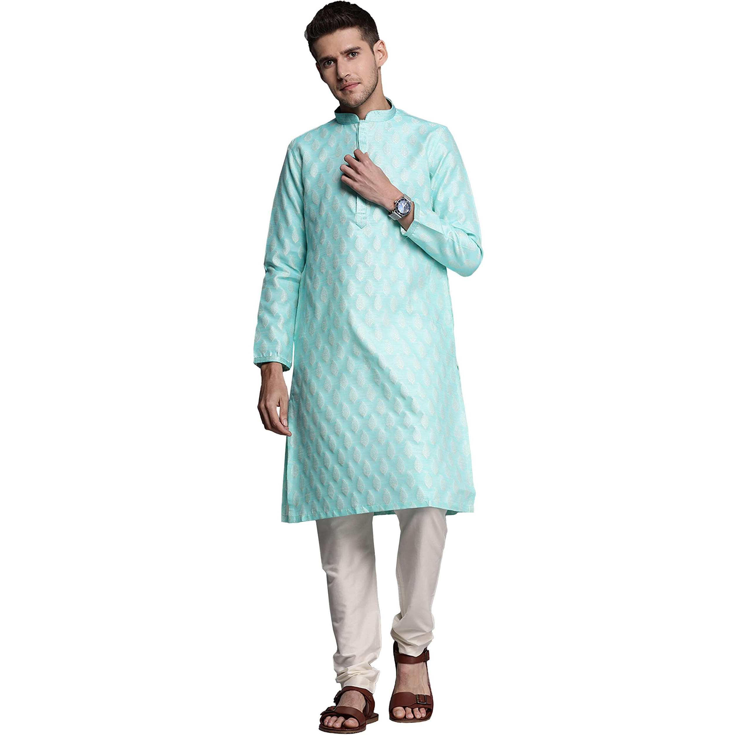 Manyavar Kurta Set For Men, Full Sleeves Mandarin Collar Ethnic Kurta Set For Engagement, Wedding, Party All Over Self Design (Blue, L)
