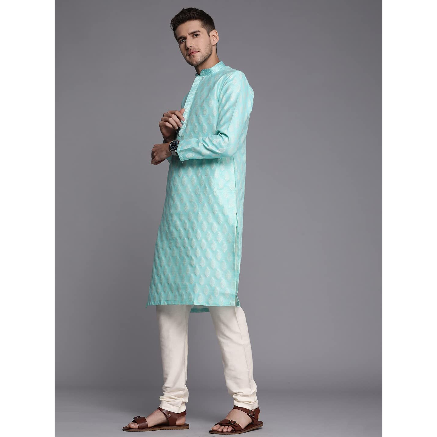 Manyavar Kurta Set For Men, Full Sleeves Mandarin Collar Ethnic Kurta Set For Engagement, Wedding, Party All Over Self Design (Blue, L)
