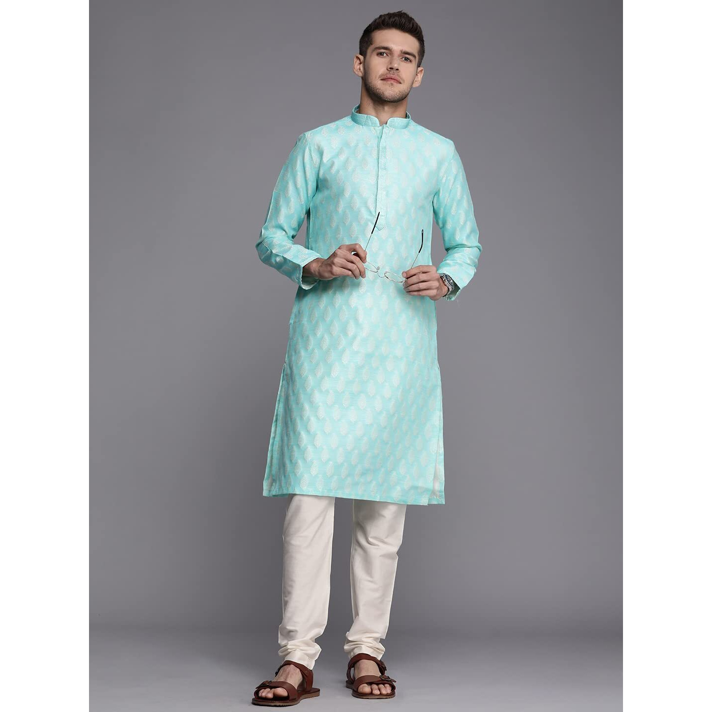 Manyavar Kurta Set For Men, Full Sleeves Mandarin Collar Ethnic Kurta Set For Engagement, Wedding, Party All Over Self Design (Blue, L)