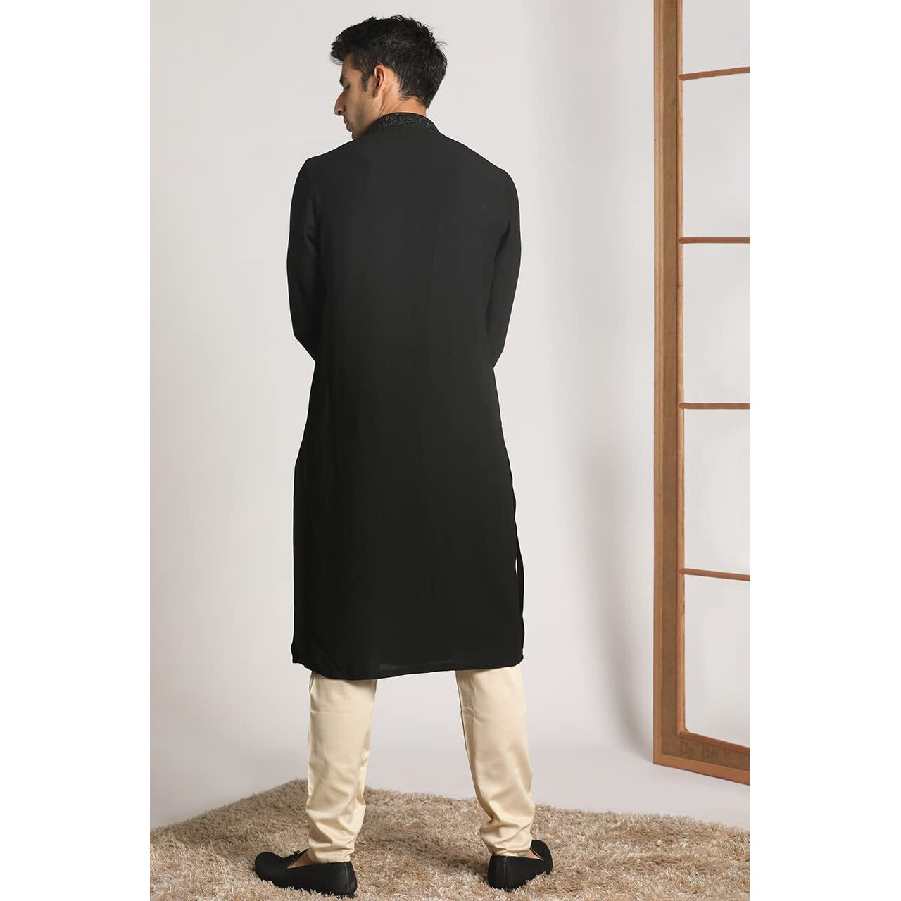 Manyavar Kurta Set for Men, Full Sleeves Mandarin Collar Ethnic Men's Kurta Set For Engagement, Wedding, Party Blended Viscose Solid (Black, L)