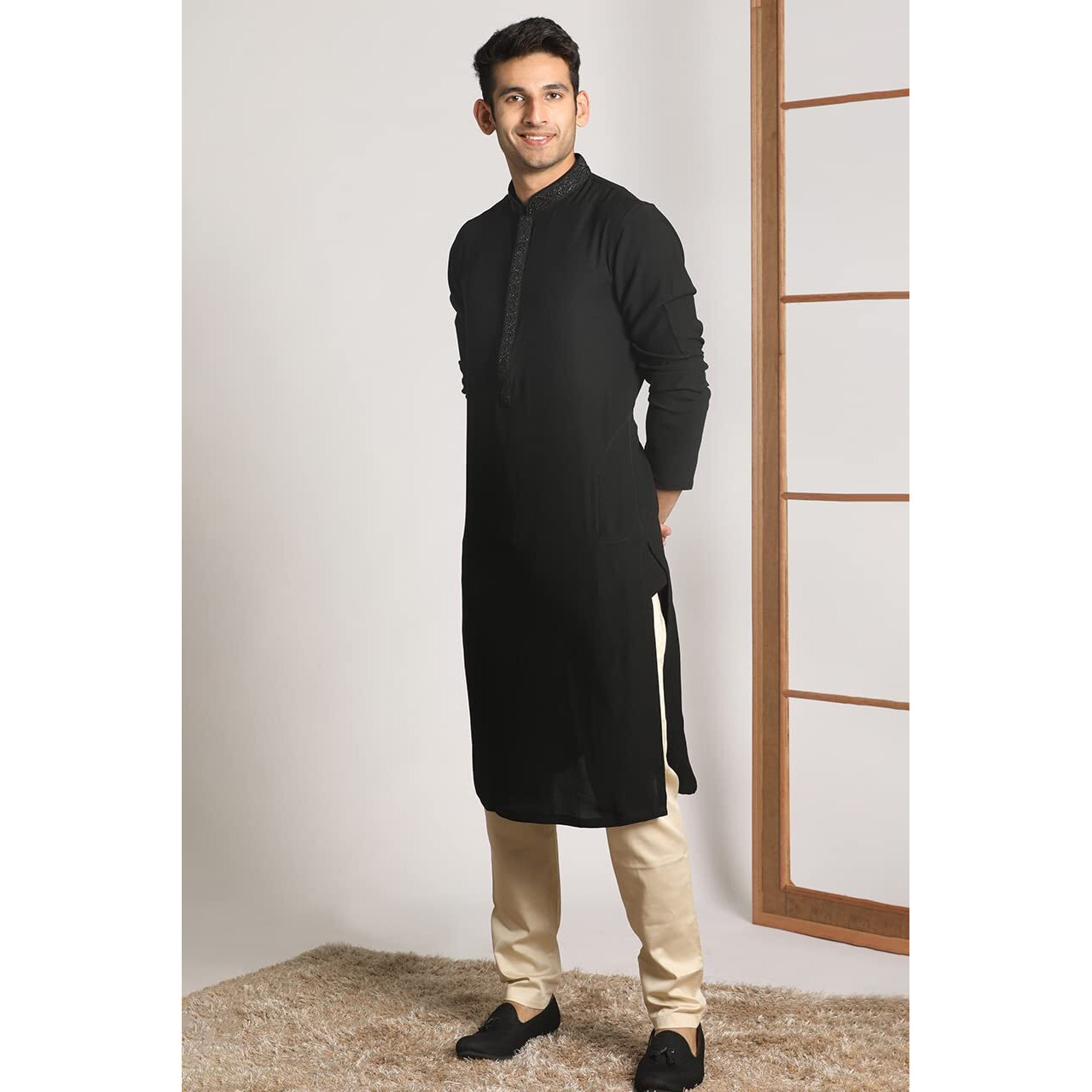Manyavar Kurta Set for Men, Full Sleeves Mandarin Collar Ethnic Men's Kurta Set For Engagement, Wedding, Party Blended Viscose Solid (Black, L)