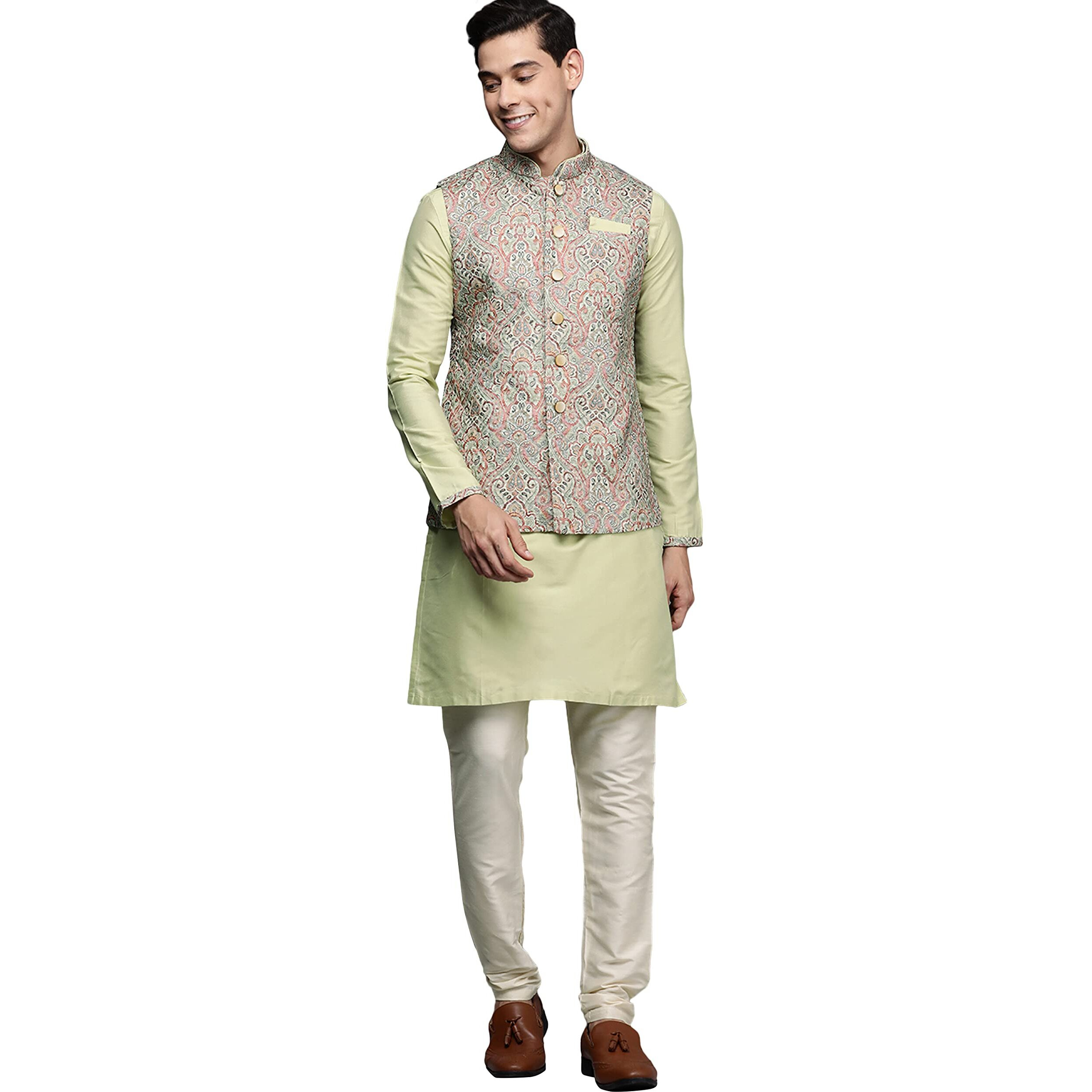 Manyavar Kurta Jacket Set for Men, Full Sleeves Mandarin Collar Ethnic Kurta Jacket Set for Festival, Wedding, Party Art Silk
