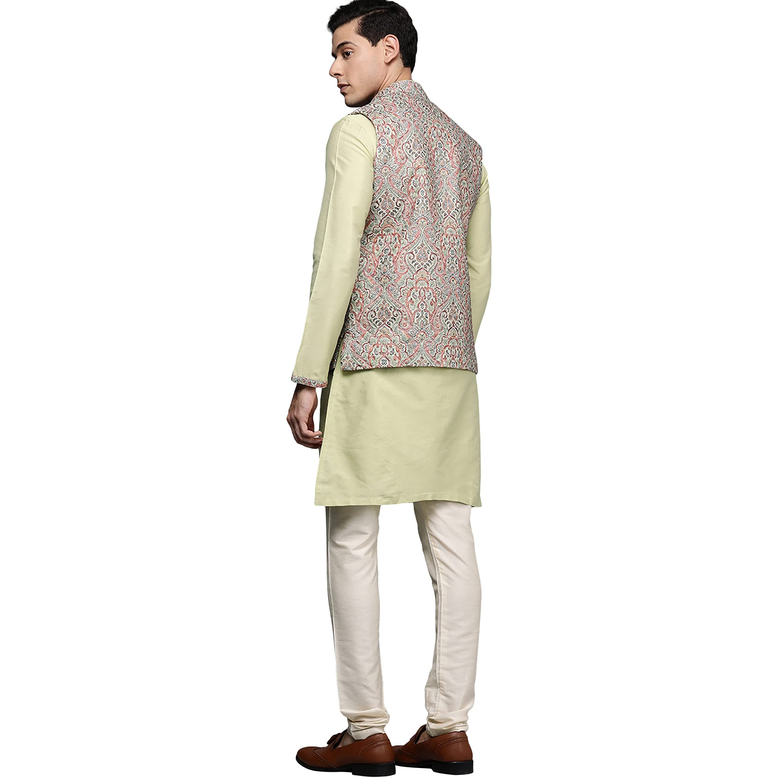 Manyavar Kurta Jacket Set for Men, Full Sleeves Mandarin Collar Ethnic Kurta Jacket Set for Festival, Wedding, Party Art Silk
