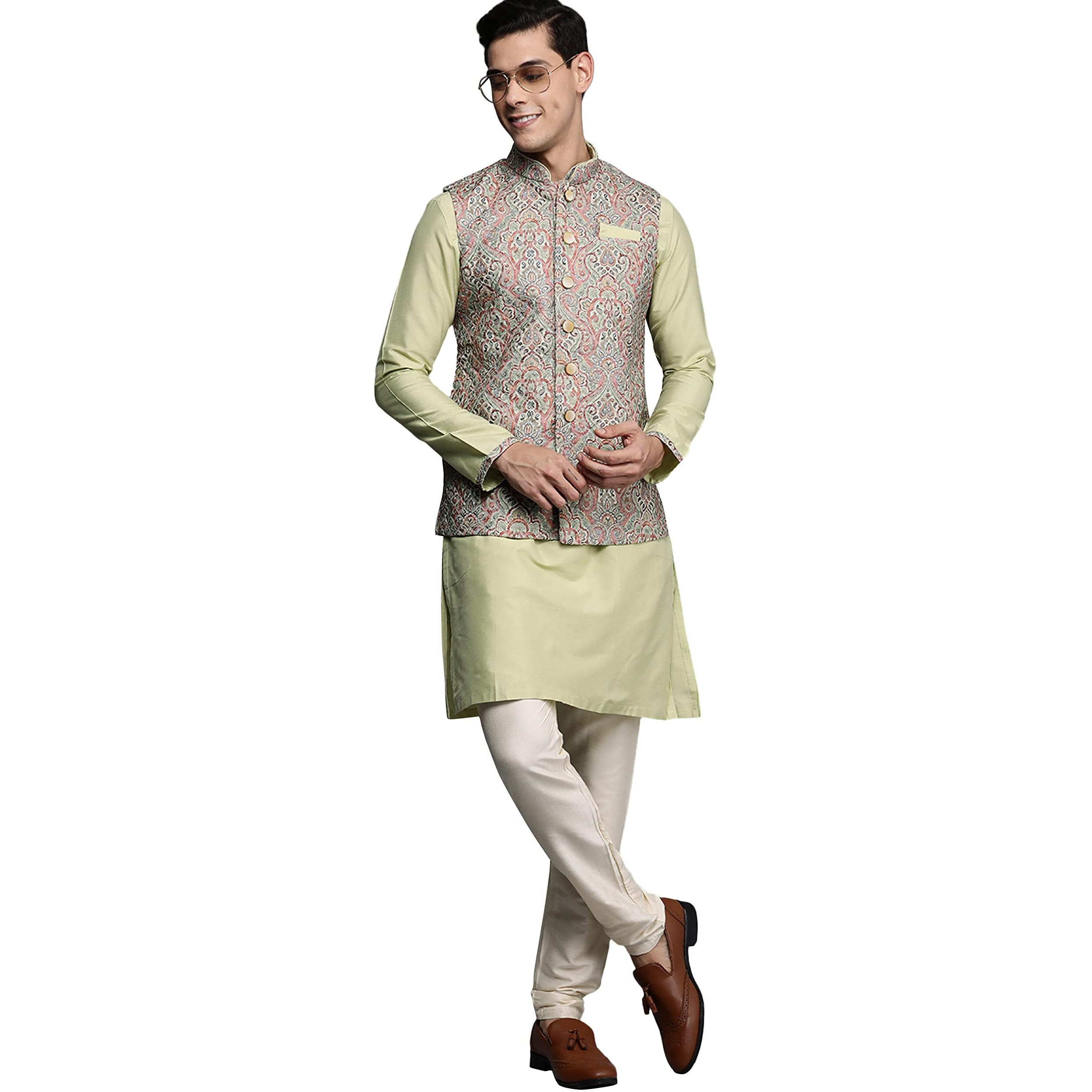 Manyavar Kurta Jacket Set for Men, Full Sleeves Mandarin Collar Ethnic Kurta Jacket Set for Festival, Wedding, Party Art Silk