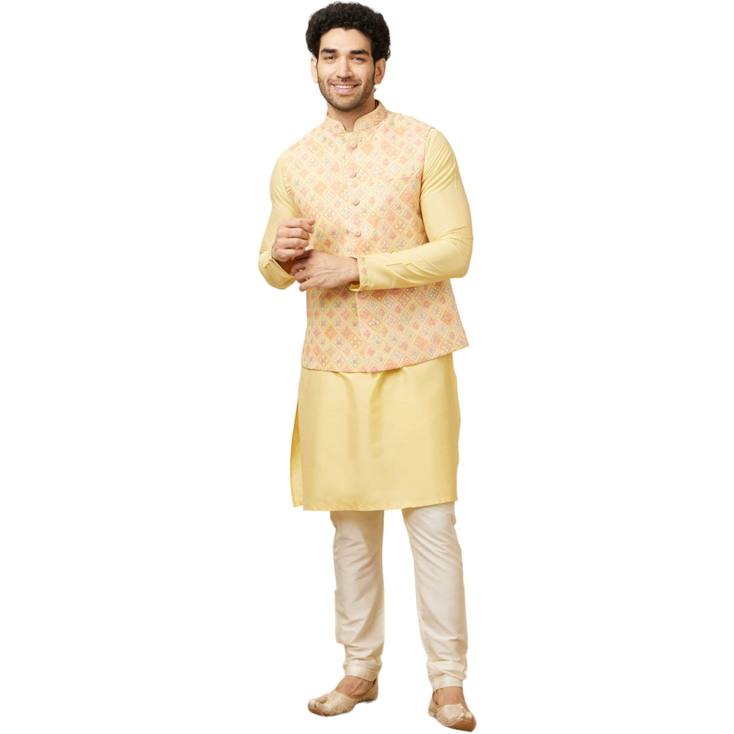 Manyavar Men's Georgette Self Design Casual, Traditional Full Sleeves Jacket Payjama Set (Yellow, M)