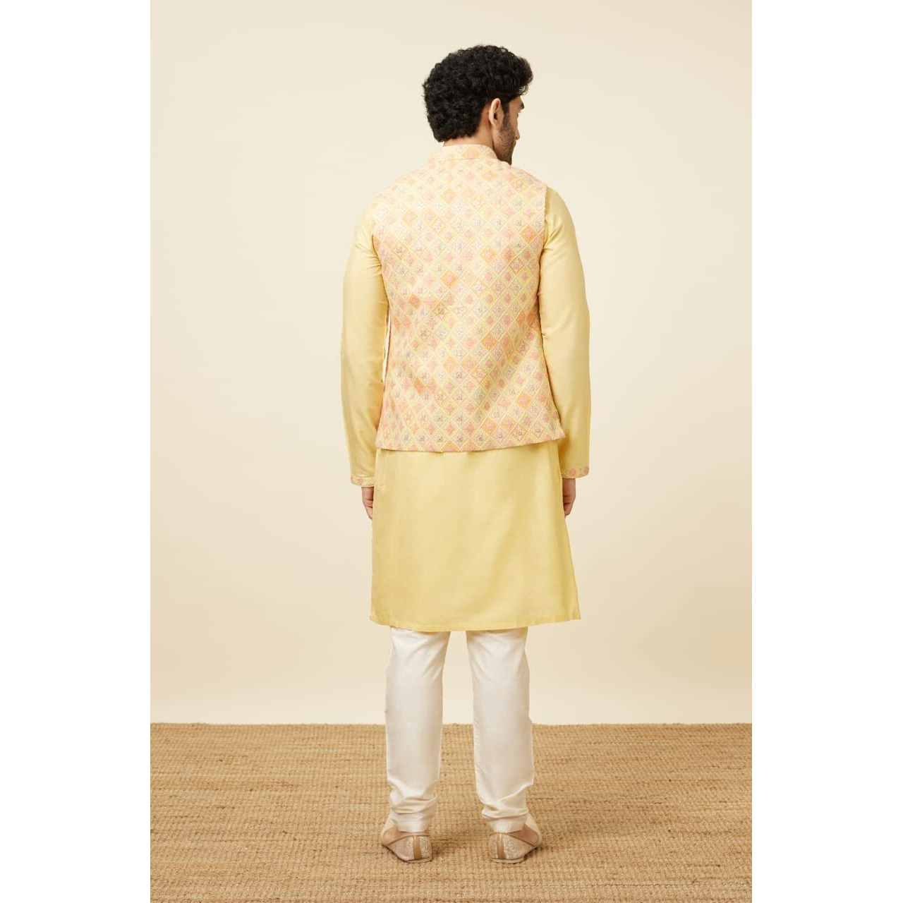 Manyavar Men's Georgette Self Design Casual, Traditional Full Sleeves Jacket Payjama Set (Yellow, M)