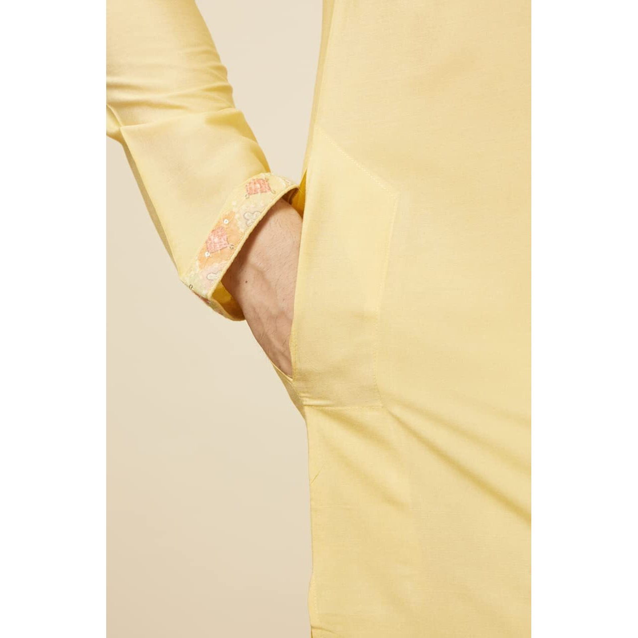 Manyavar Men's Georgette Self Design Casual, Traditional Full Sleeves Jacket Payjama Set (Yellow, M)