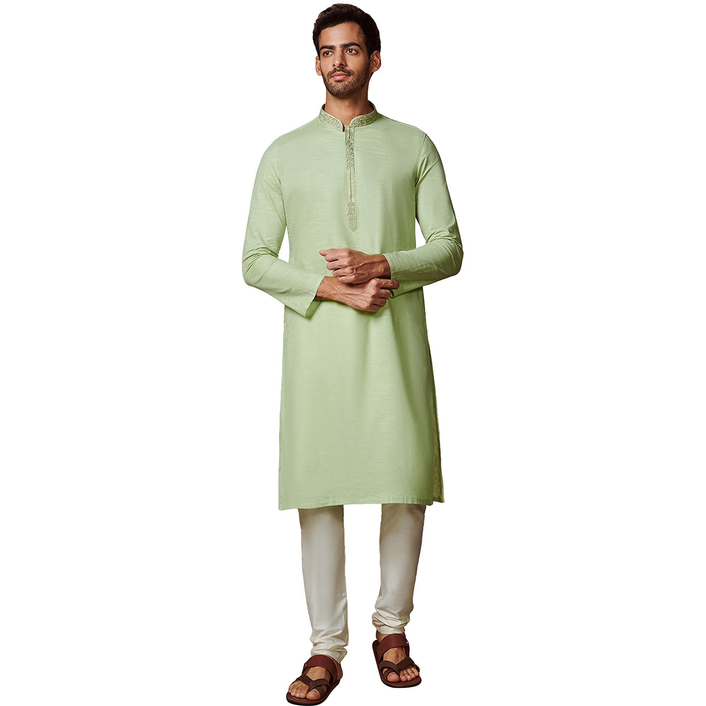 Manyavar Kurta Set for Men, Full Sleeves Mandarin Collar Ethnic Kurta Set For Diwali, Wedding, Party Solid (Green, L)