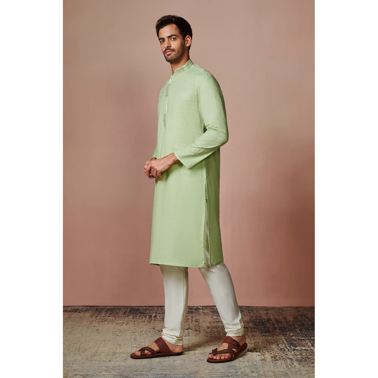 Manyavar Kurta Set for Men, Full Sleeves Mandarin Collar Ethnic Kurta Set For Diwali, Wedding, Party Solid (Green, L)