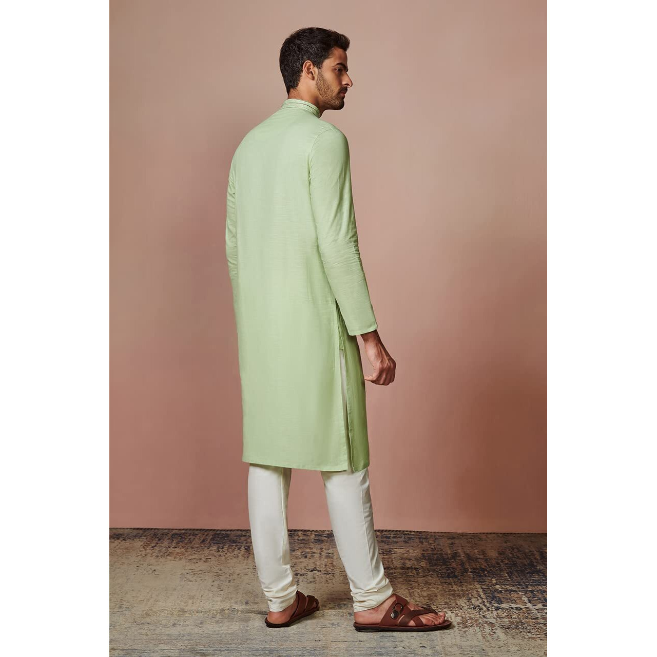 Manyavar Kurta Set for Men, Full Sleeves Mandarin Collar Ethnic Kurta Set For Diwali, Wedding, Party Solid (Green, L)