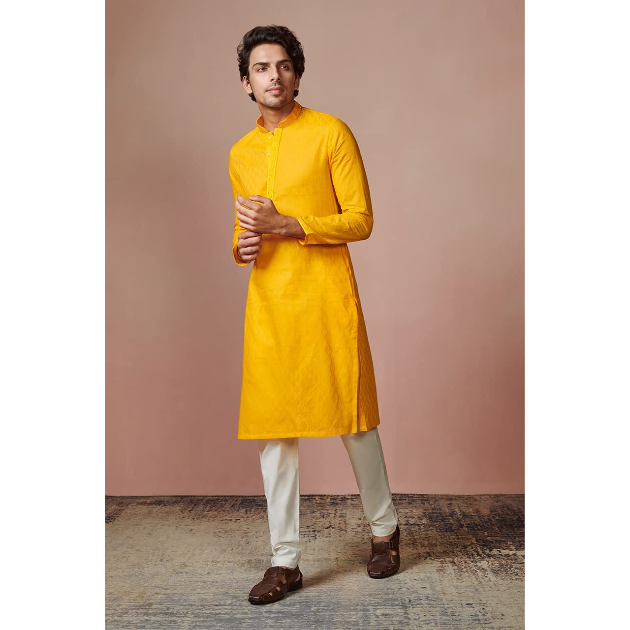 Manyavar Kurta Set for Men, Full Sleeves Mandarin Collar Ethnic Kurta Set for Diwali, Wedding, Party Solid (Mustard, 2XL)