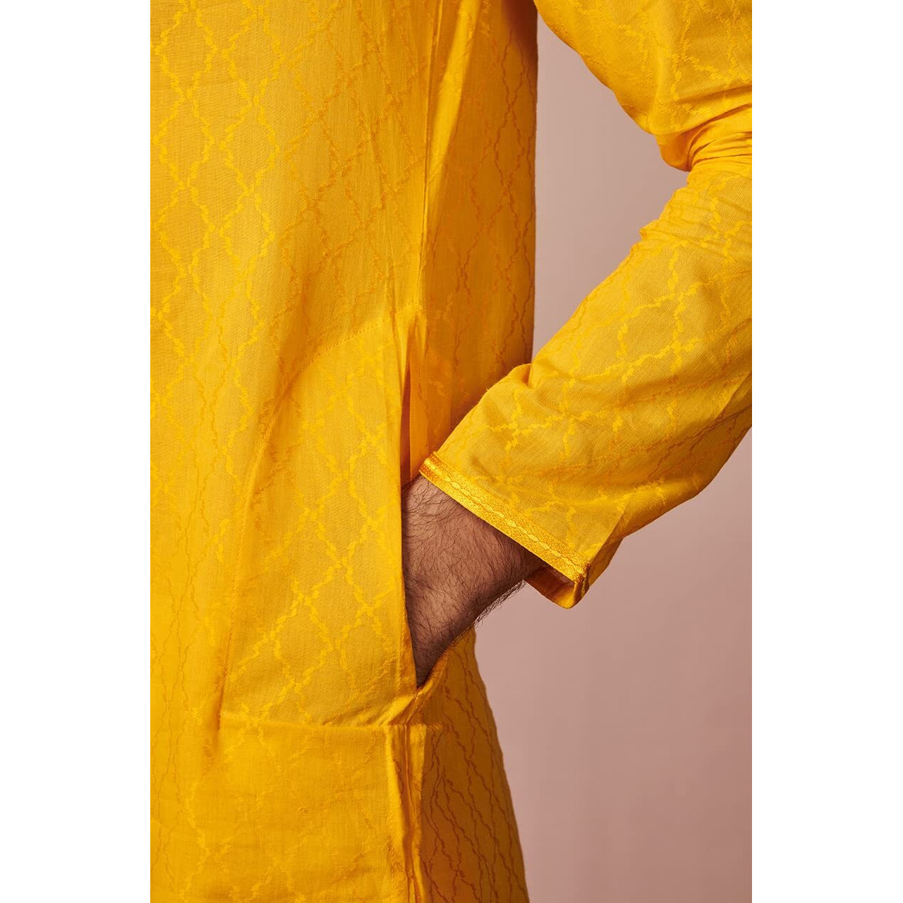 Manyavar Kurta Set for Men, Full Sleeves Mandarin Collar Ethnic Kurta Set for Diwali, Wedding, Party Solid (Mustard, 2XL)