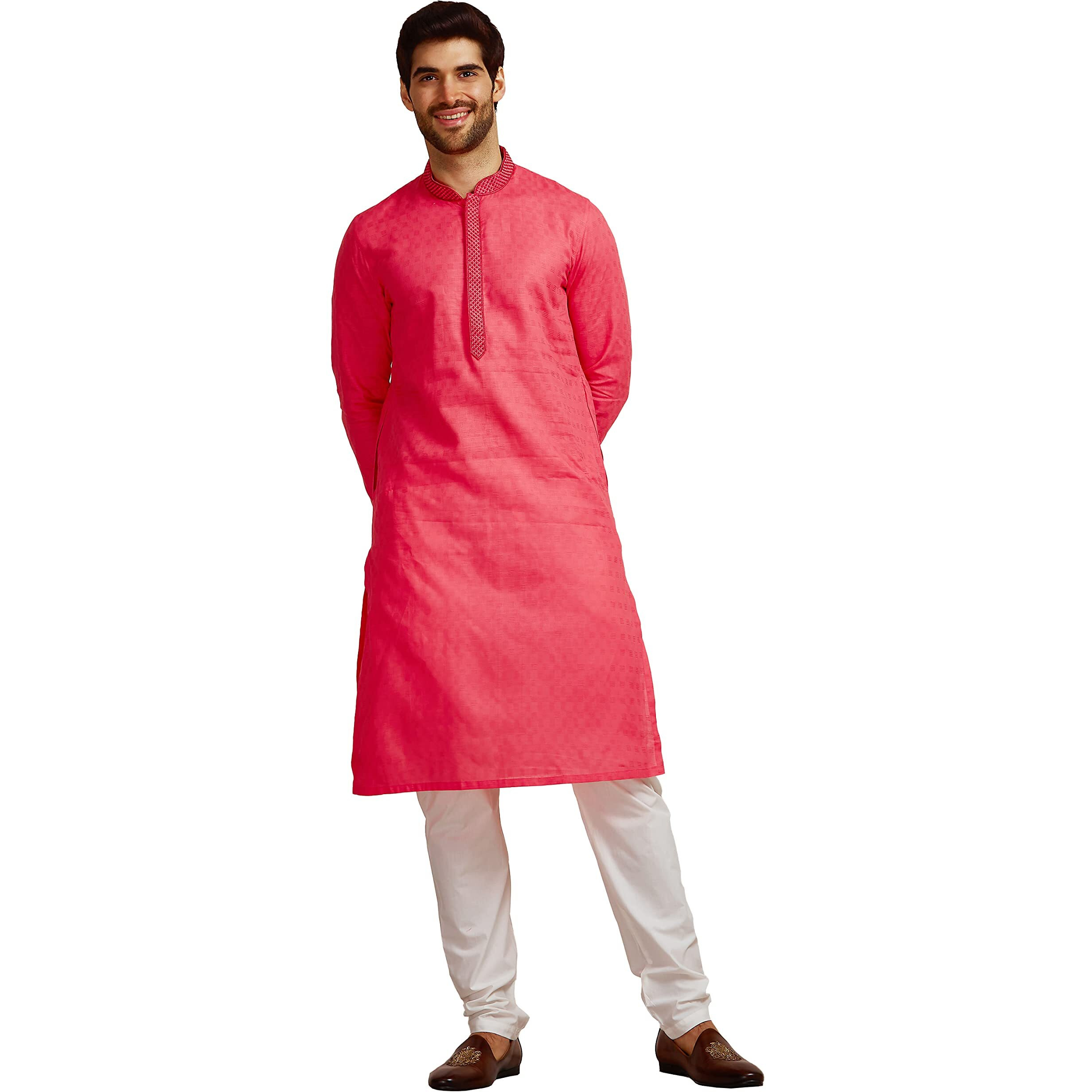 Manyavar Pink All Over Self Design Full Sleeve Cotton Kurta Set | Traditional Kurta Set For Men (XL)
