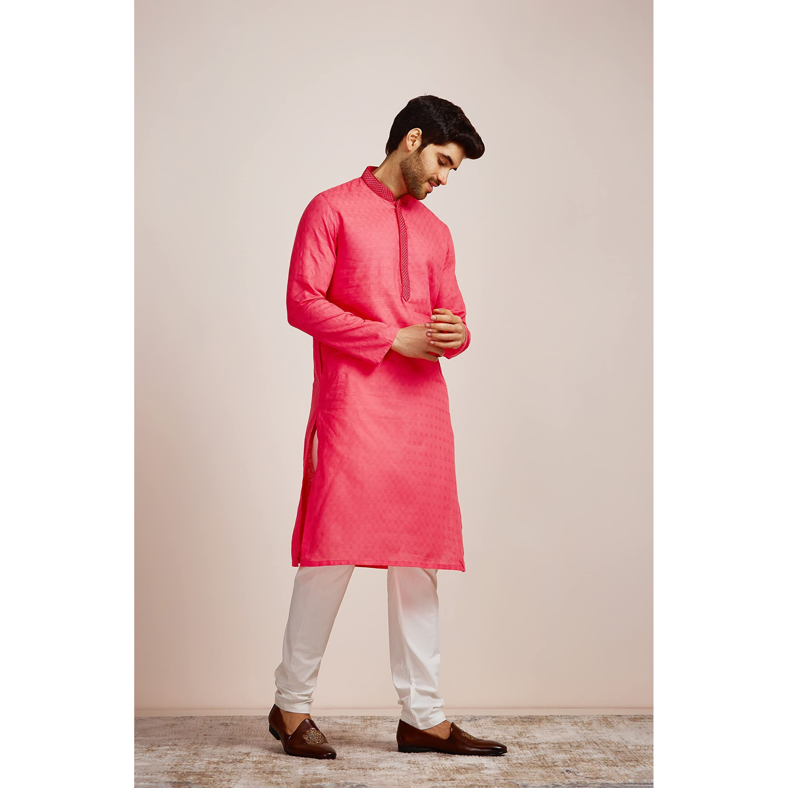 Manyavar Pink All Over Self Design Full Sleeve Cotton Kurta Set | Traditional Kurta Set For Men (XL)