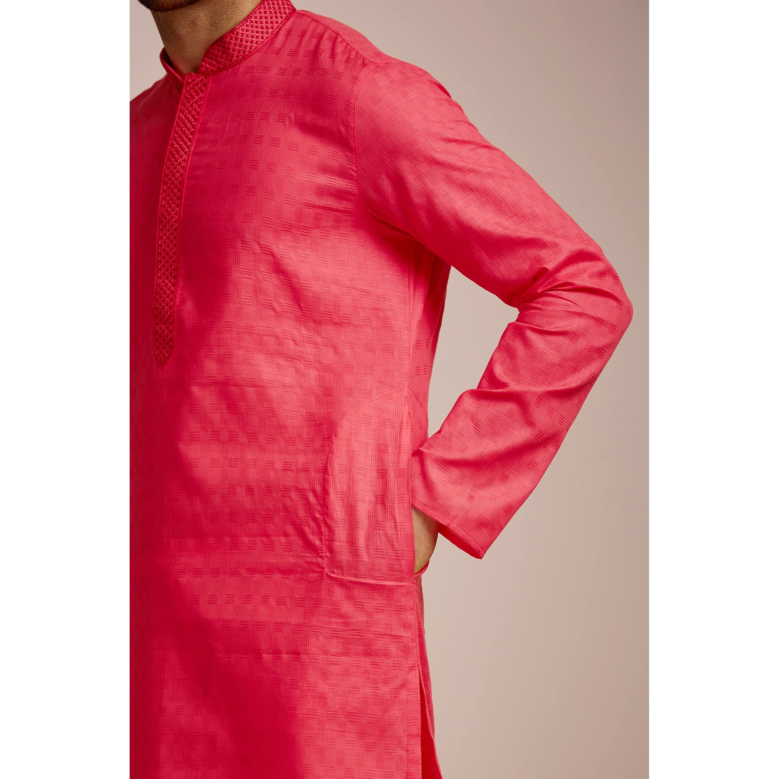 Manyavar Pink All Over Self Design Full Sleeve Cotton Kurta Set | Traditional Kurta Set For Men (XL)