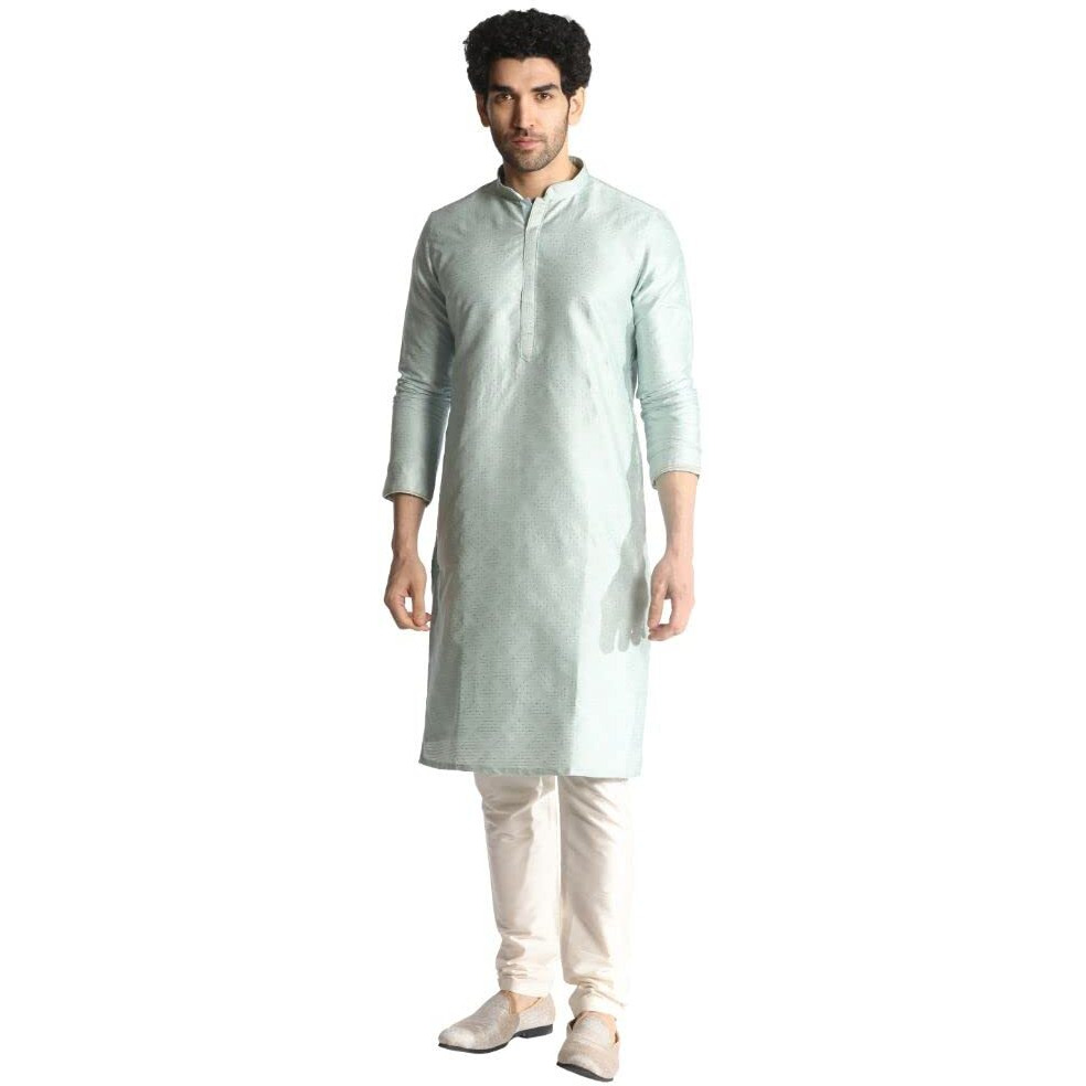 Manyavar Kurta Set for Men, Full Sleeves Mandarin Collar Ethnic Kurta Sets For Engagement, Wedding, Party Kurta Set Art Silk (Blue, M)