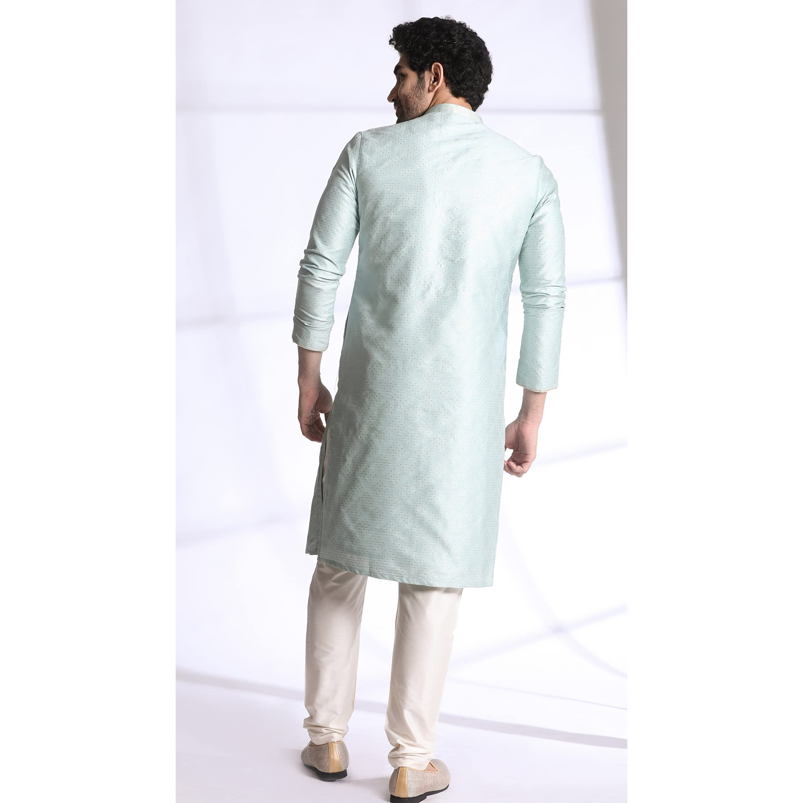 Manyavar Kurta Set for Men, Full Sleeves Mandarin Collar Ethnic Kurta Sets For Engagement, Wedding, Party Kurta Set Art Silk (Blue, M)