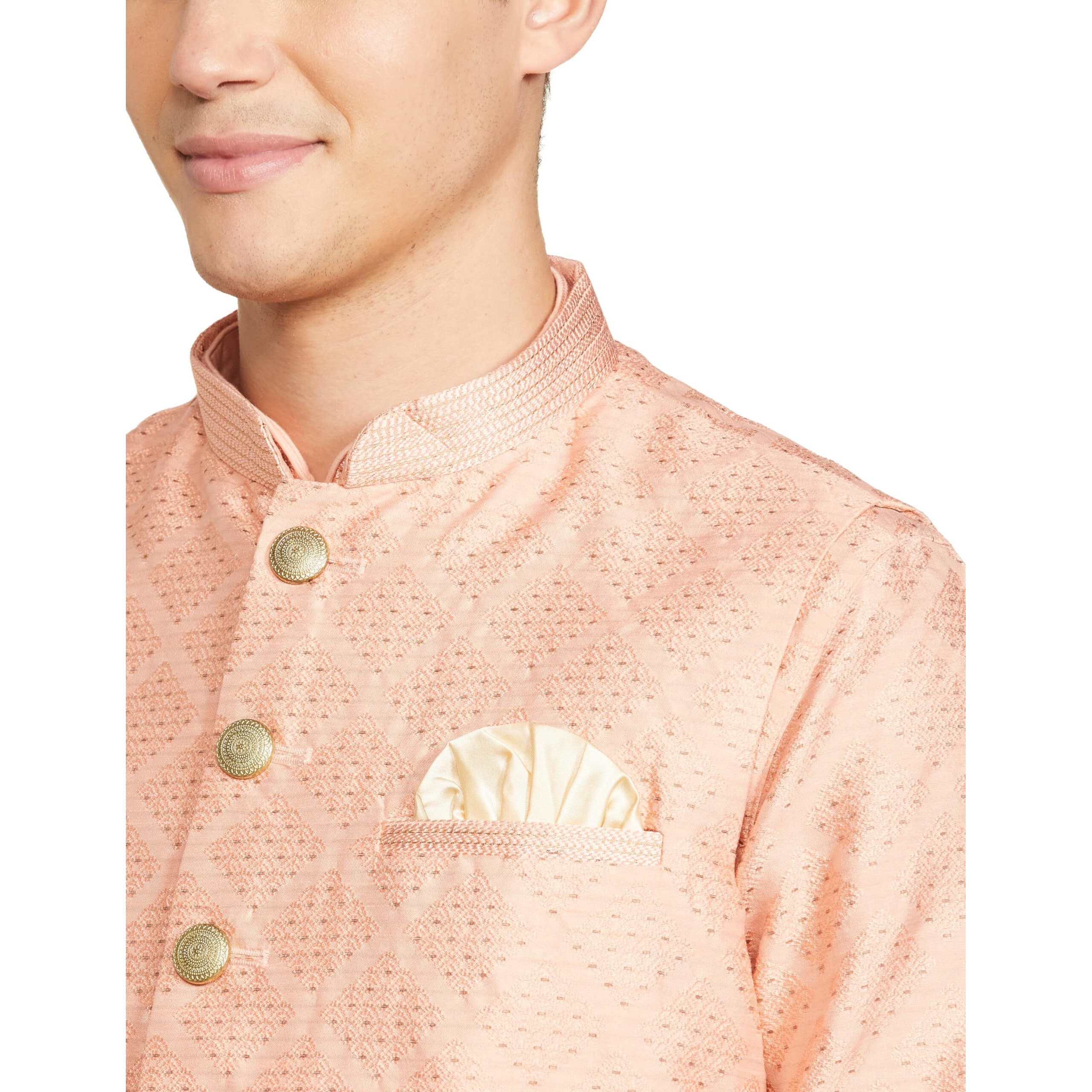Manyavar Peach Art Silk Self design Celebration Kurta Jacket Set with Mandarin Collar