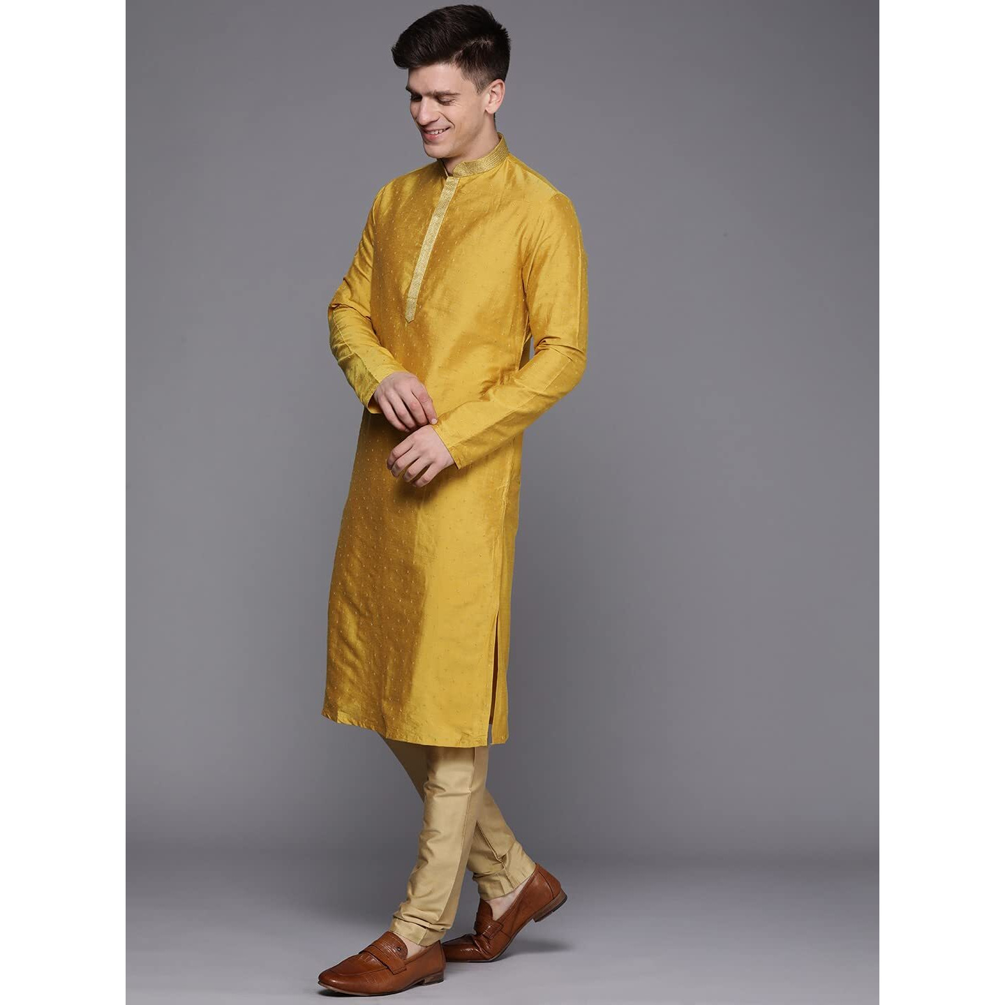 Manyavar Kurta Set for Men, Printed Knee Long Full Sleeves Kurta and Churidar Set for Men (Mustard, L)
