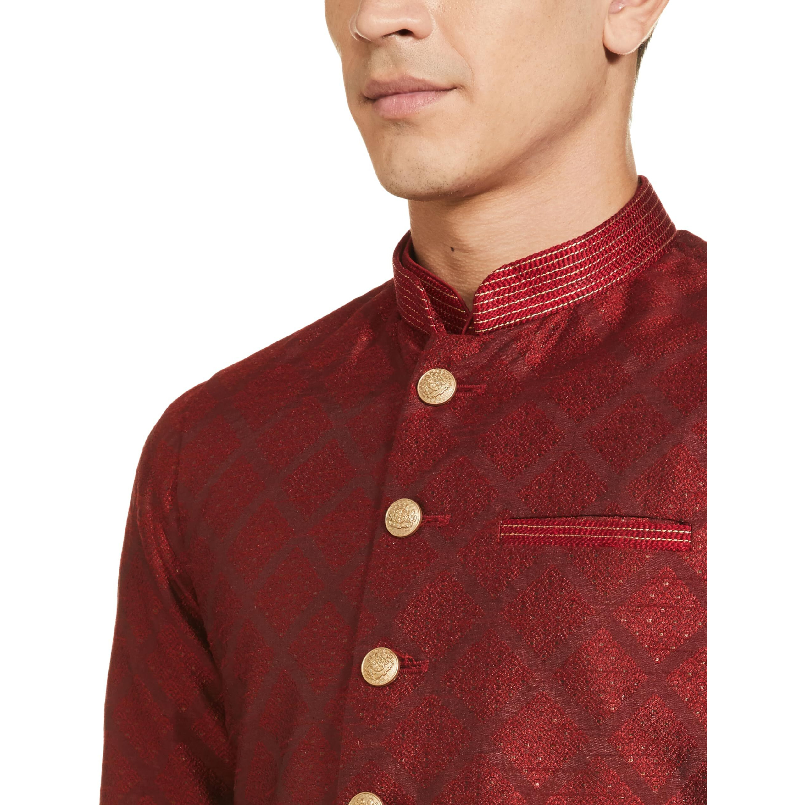 Manyavar Maroon Art Silk Self Design Celebration Kurta Jacket Set with Mandarin Collar