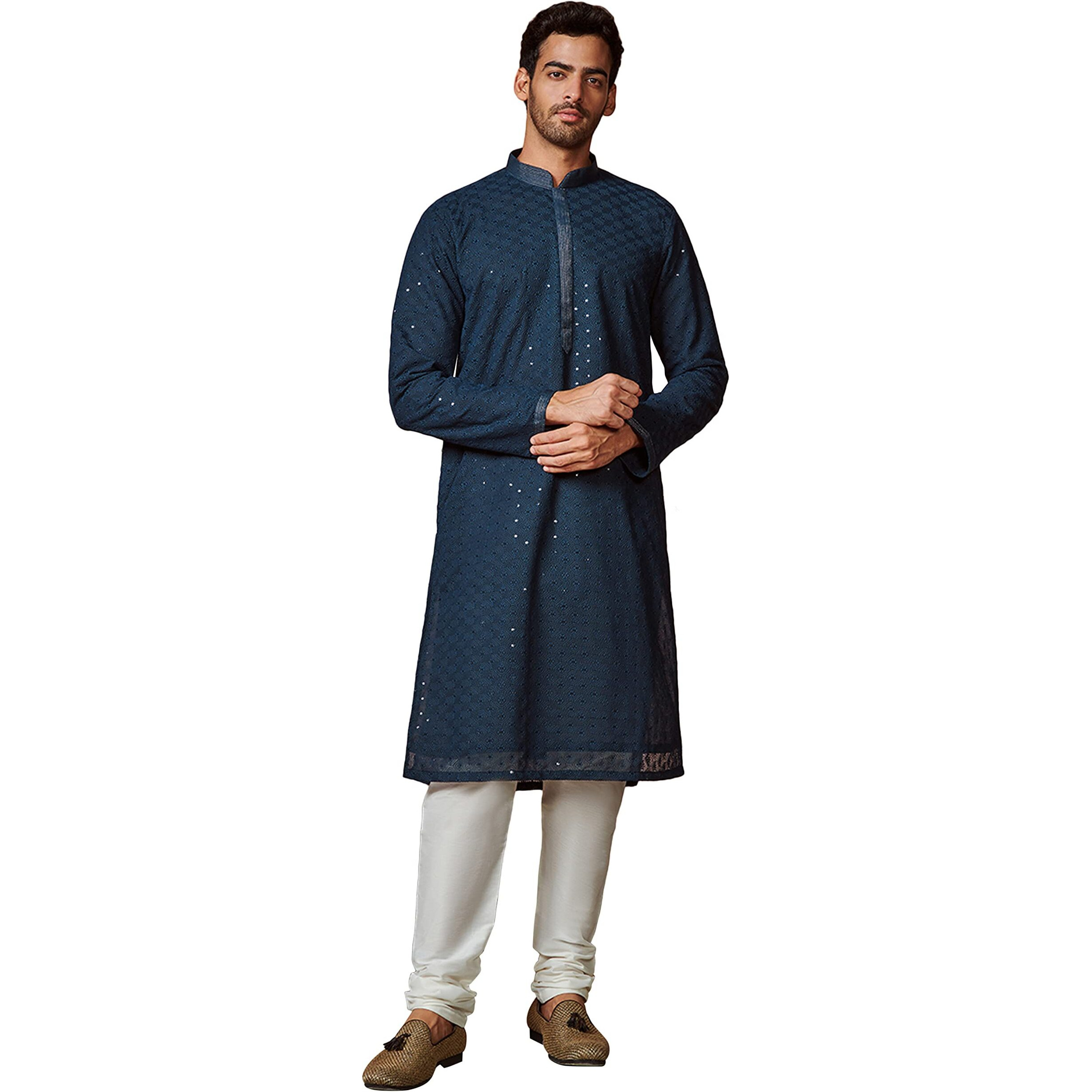 Manyavar Kurta Set for Men, Full Sleeves Mandarin Collar Ethnic Kurta Set for Diwali, Wedding, Party Solid (Blue, L)