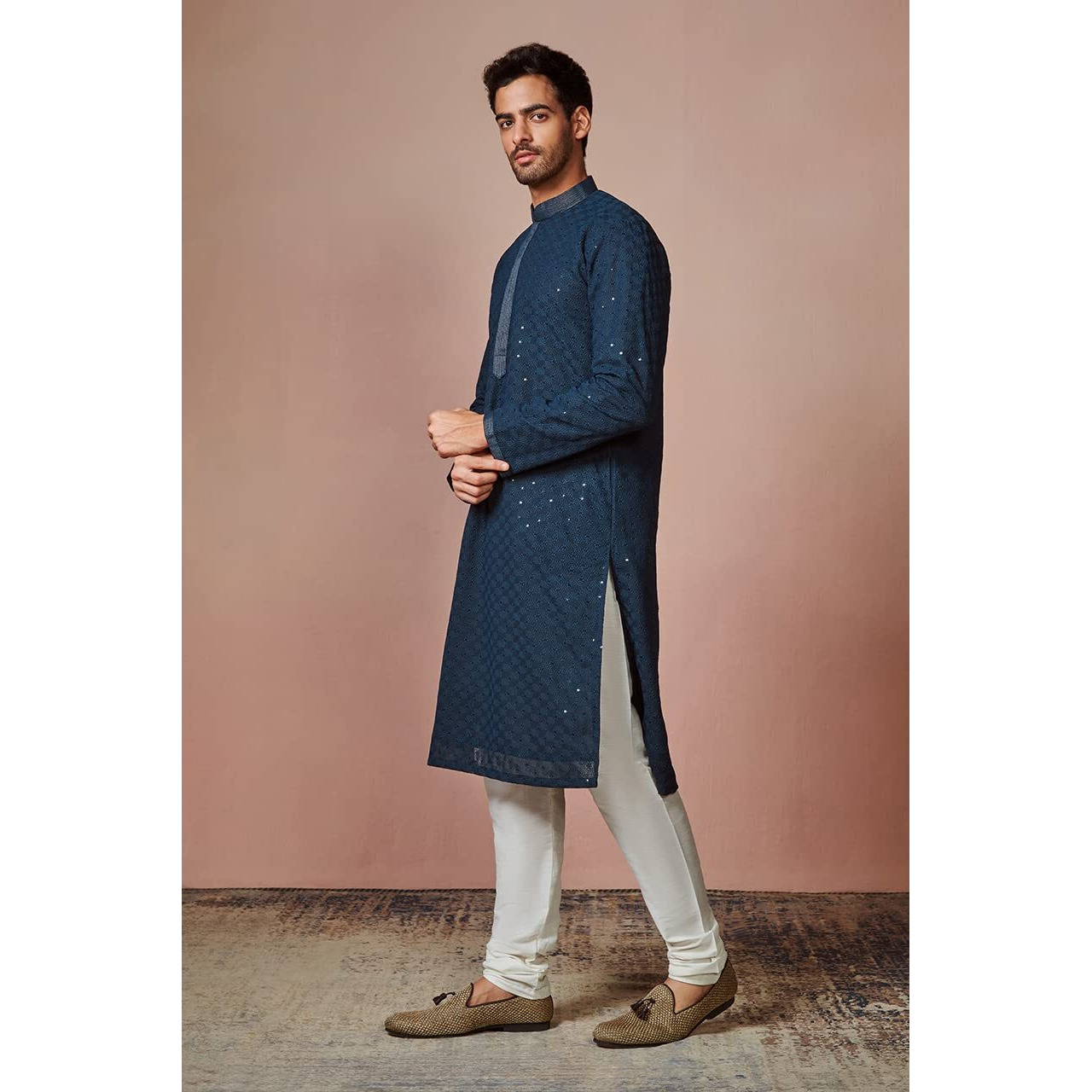 Manyavar Kurta Set for Men, Full Sleeves Mandarin Collar Ethnic Kurta Set for Diwali, Wedding, Party Solid (Blue, L)
