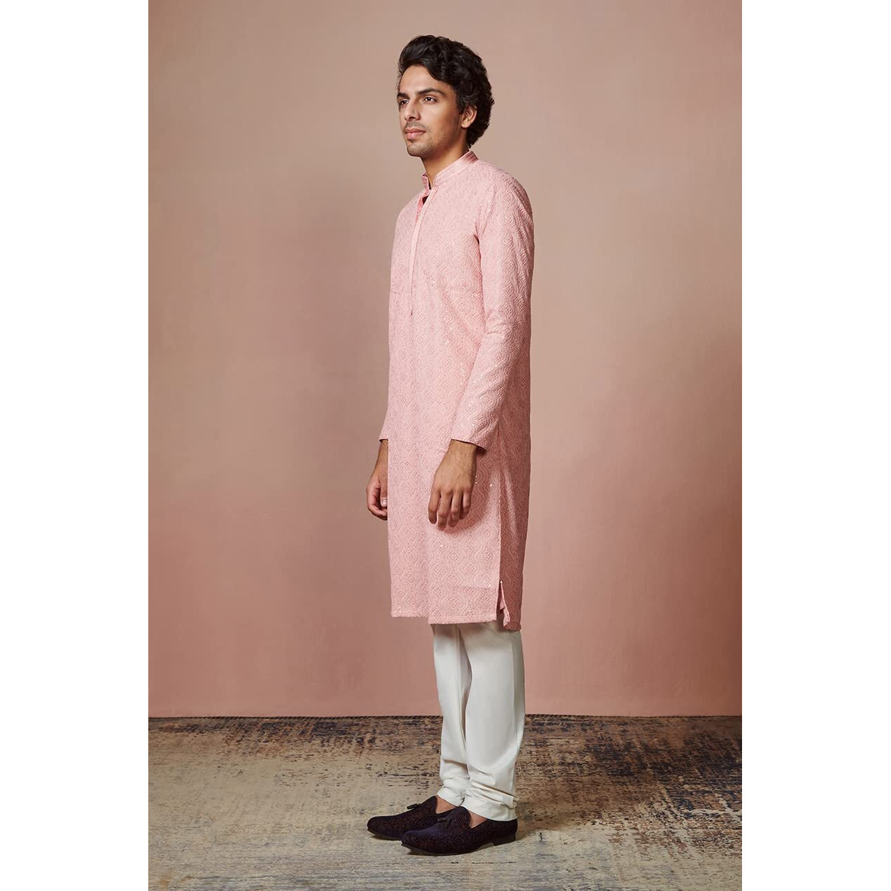 Manyavar Kurta Set For Men, Full Sleeves Mandarin Collar Ethnic Kurta Set For Engagement, Wedding, Party Solid (Pink, L)