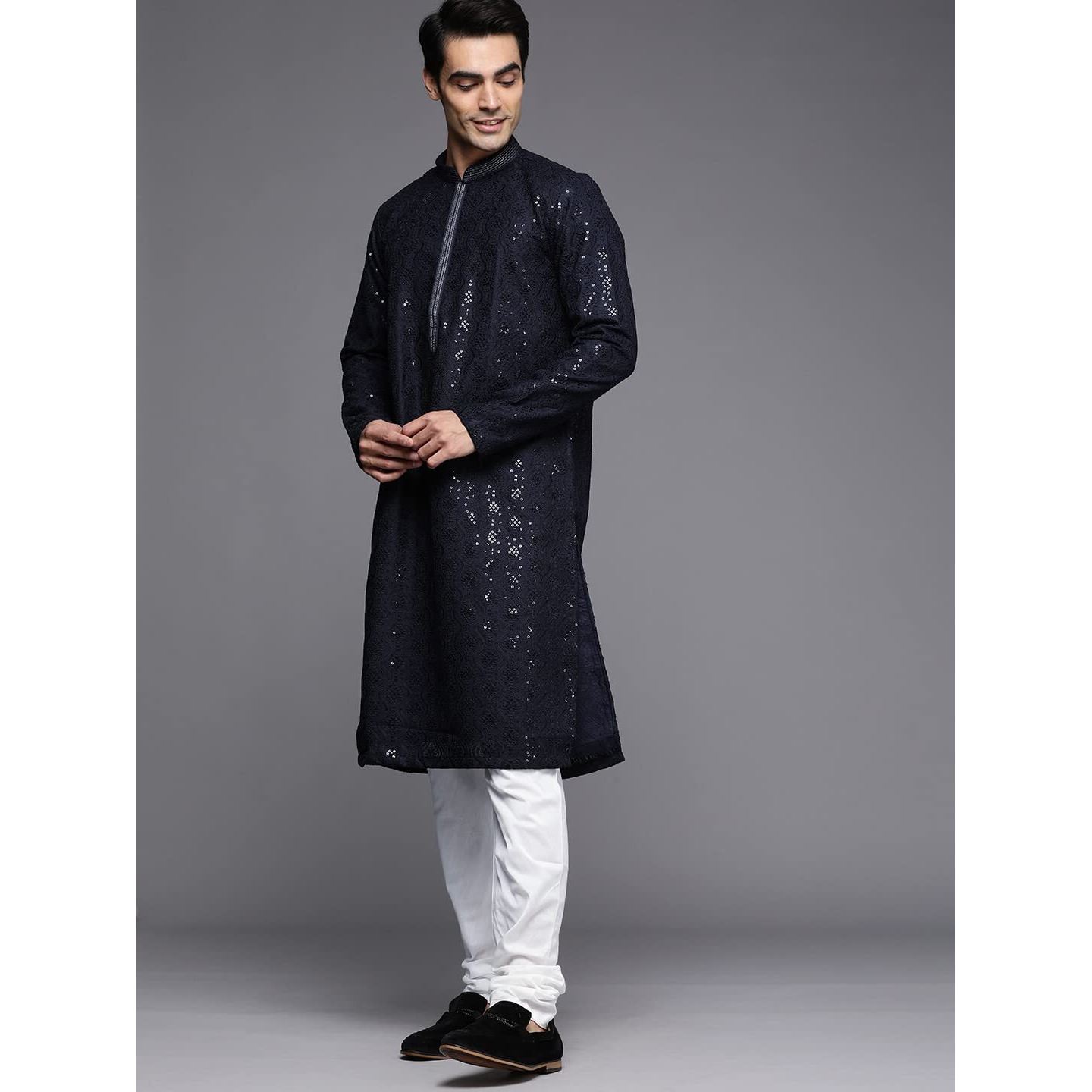 Manyavar Kurta Set For Men, Full Sleeves Mandarin Collar Ethnic Kurta Set For Engagement, Wedding, Party Solid (Blue, XL)