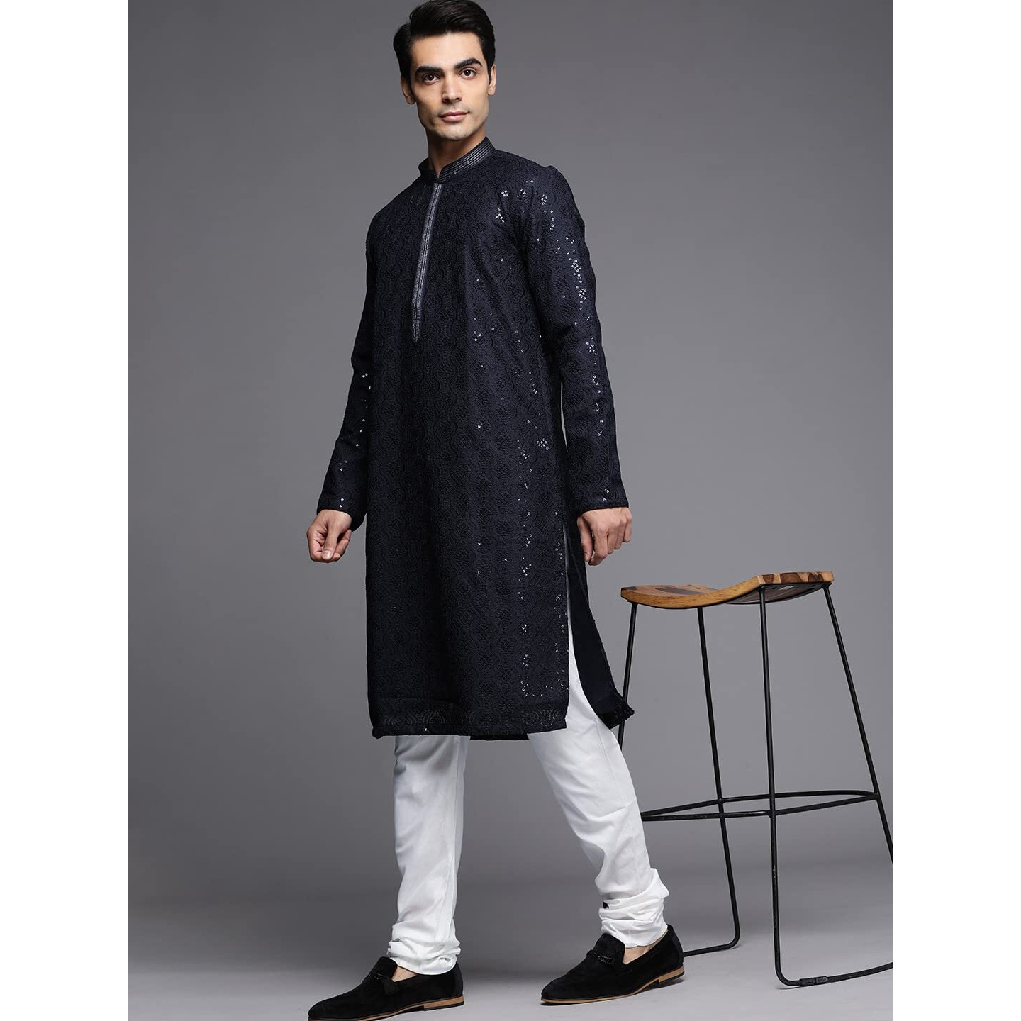 Manyavar Kurta Set For Men, Full Sleeves Mandarin Collar Ethnic Kurta Set For Engagement, Wedding, Party Solid (Blue, XL)