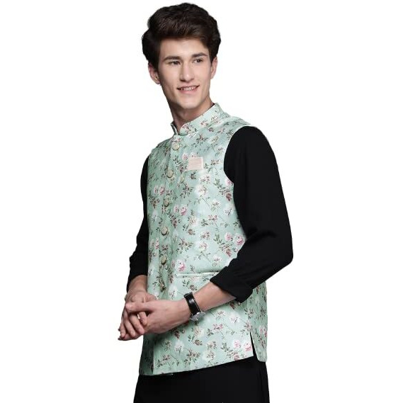 Manyavar Men's Jacket, Nehru Jacket for Men, Ethnic Jacket for Festival, Wedding, Party, Sleevless Jacket Blended Viscose (Green, M)