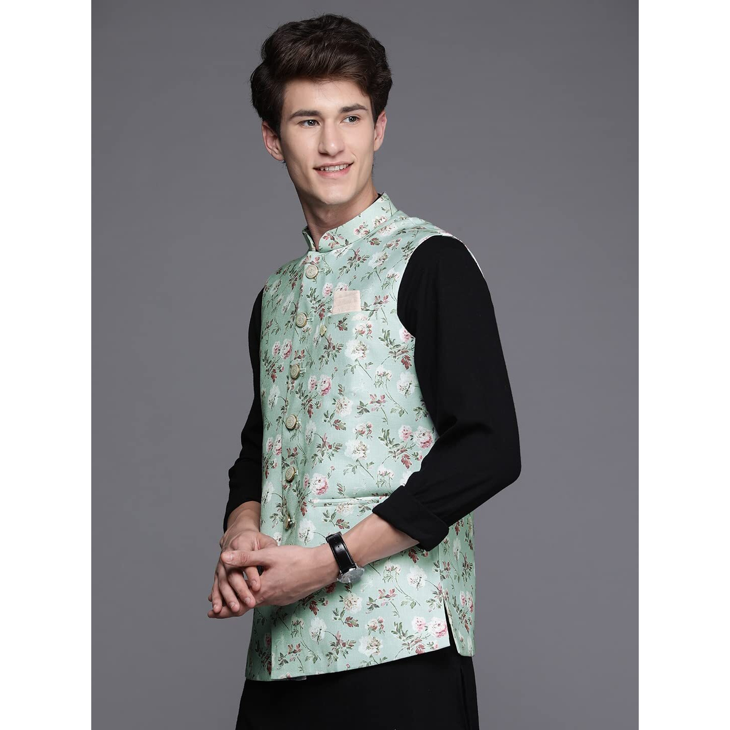 Manyavar Men's Jacket, Nehru Jacket for Men, Ethnic Jacket for Festival, Wedding, Party, Sleevless Jacket Blended Viscose (Green, M)