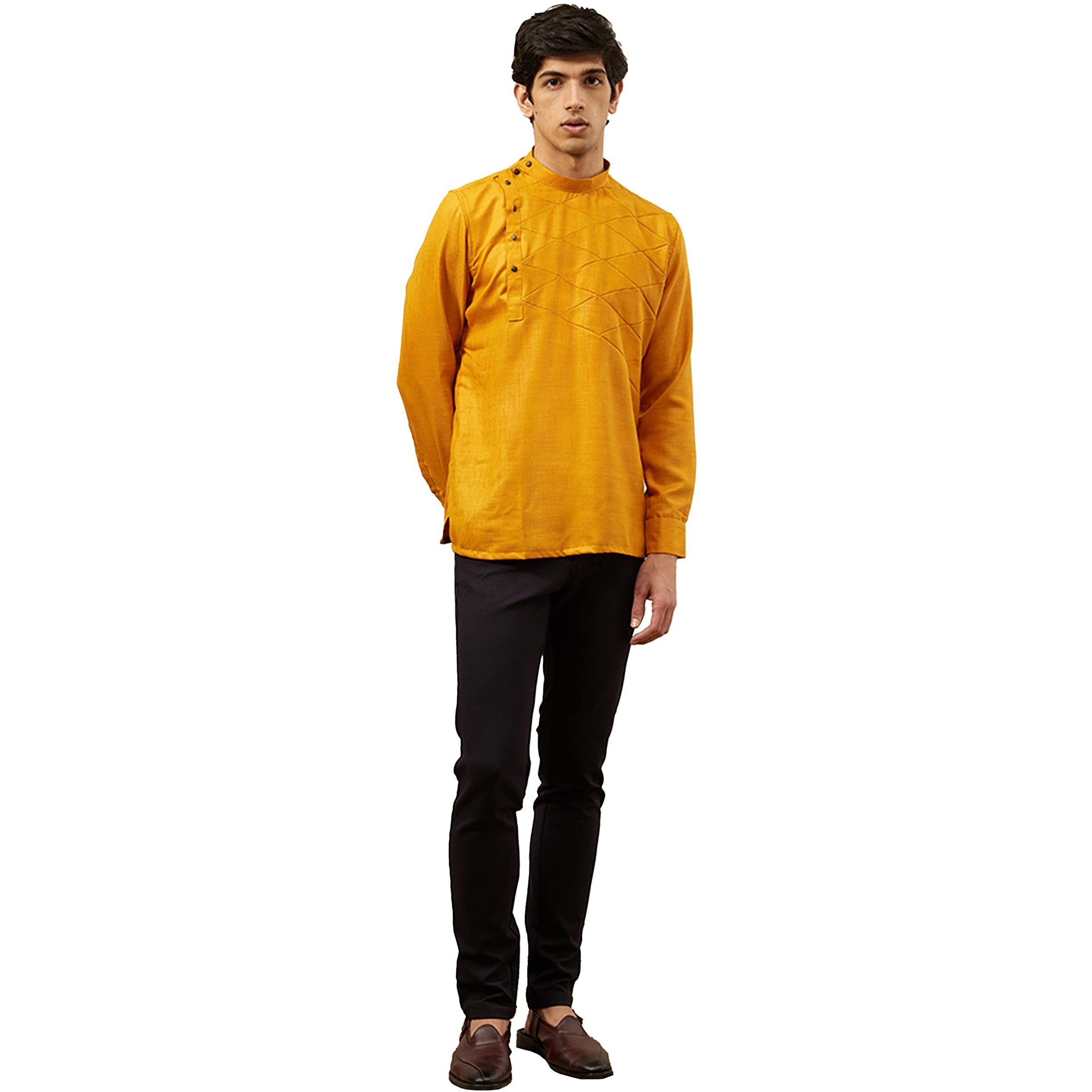 Manyavar Men's Short Kurta, Full Sleeves Mandarin Collar Ethnic Waist Length Kurta Only, Kurta for Festival, Wedding, Blended Viscose(Mustard, M)