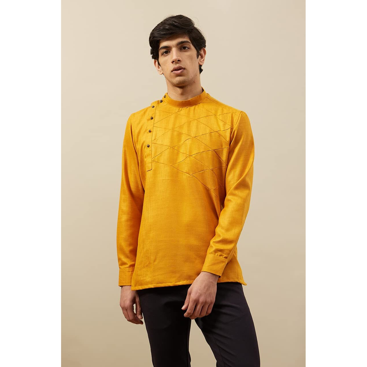 Manyavar Men's Short Kurta, Full Sleeves Mandarin Collar Ethnic Waist Length Kurta Only, Kurta for Festival, Wedding, Blended Viscose(Mustard, M)