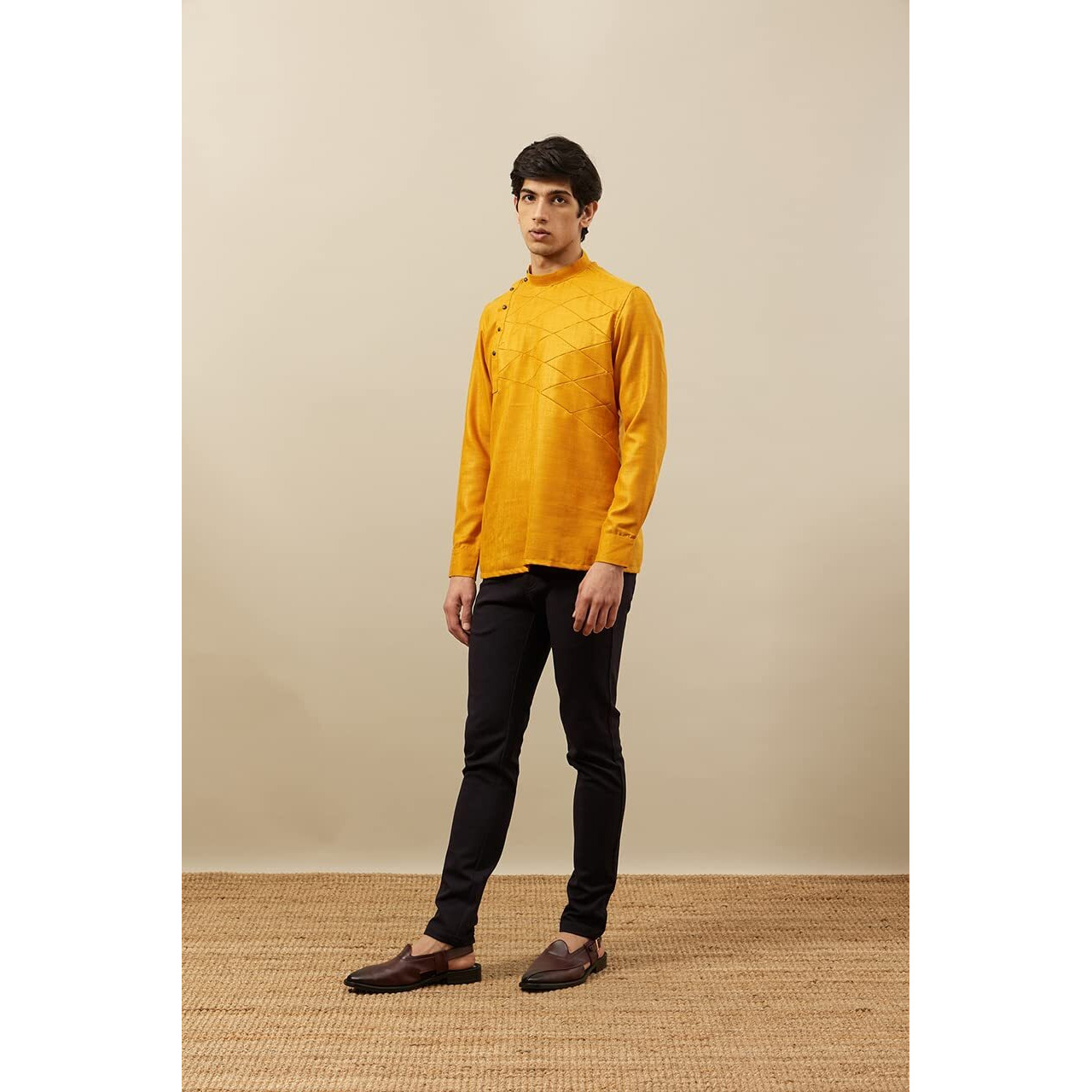 Manyavar Men's Short Kurta, Full Sleeves Mandarin Collar Ethnic Waist Length Kurta Only, Kurta for Festival, Wedding, Blended Viscose(Mustard, M)