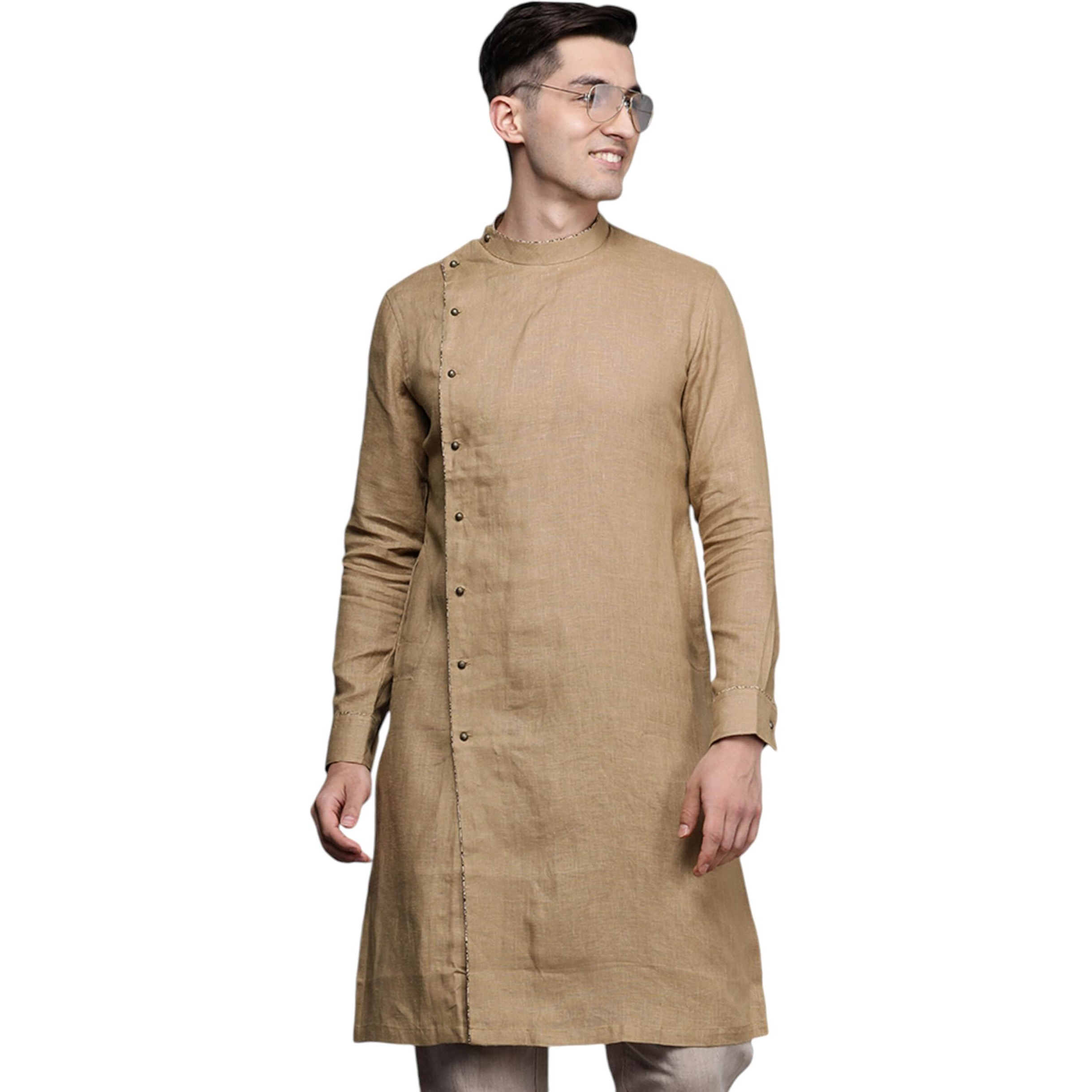 Manyavar Men's Kurta, Mandarin Collar Full Sleeves Ethnic Wear Knee Length Kurta, Linen Kurta for Festival, Wedding, Party Brown