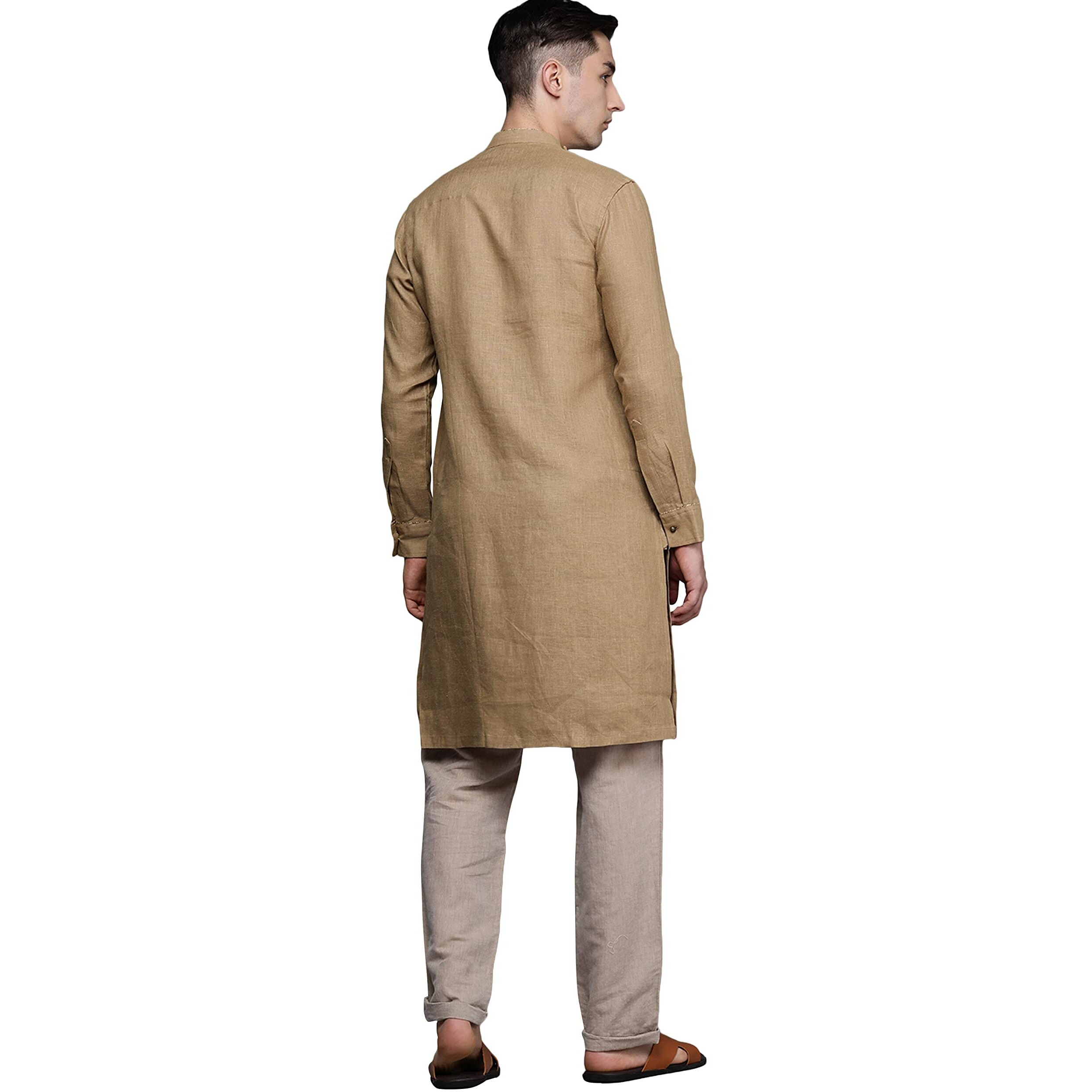 Manyavar Men's Kurta, Mandarin Collar Full Sleeves Ethnic Wear Knee Length Kurta, Linen Kurta for Festival, Wedding, Party Brown