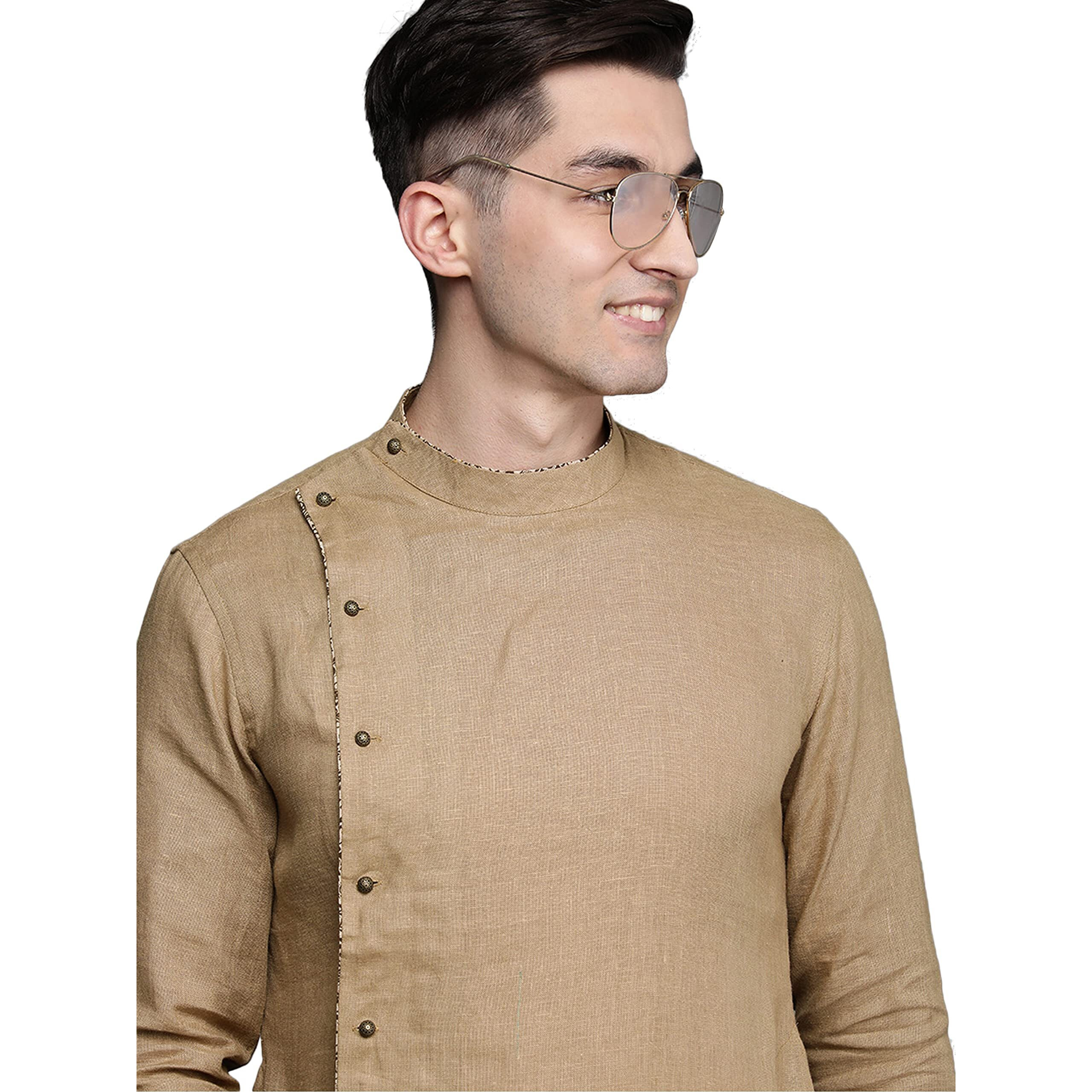 Manyavar Men's Kurta, Mandarin Collar Full Sleeves Ethnic Wear Knee Length Kurta, Linen Kurta for Festival, Wedding, Party Brown