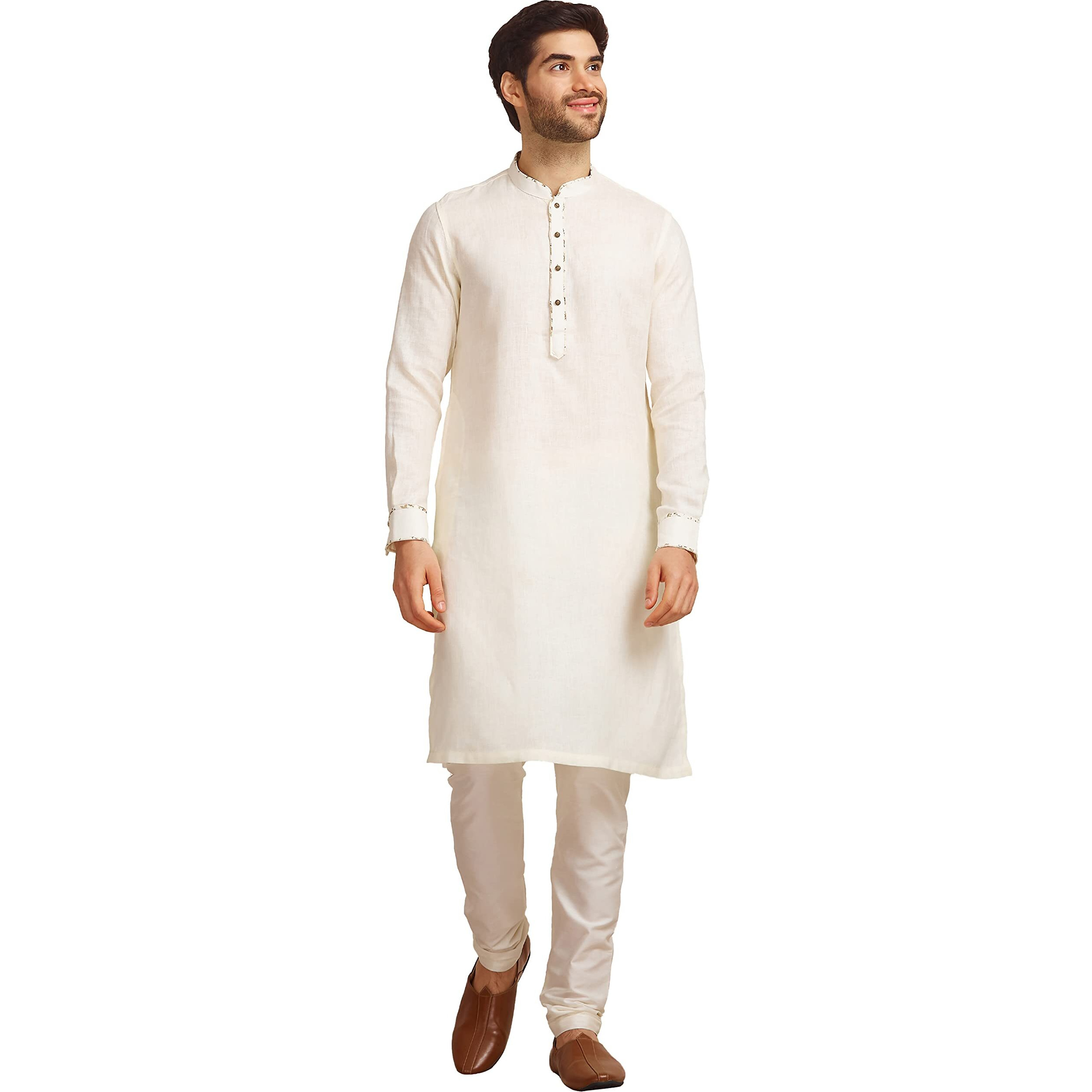 Manyavar Off White/Cream Linen Full Sleeve Kurta | Traditional Kurta for Men (M)