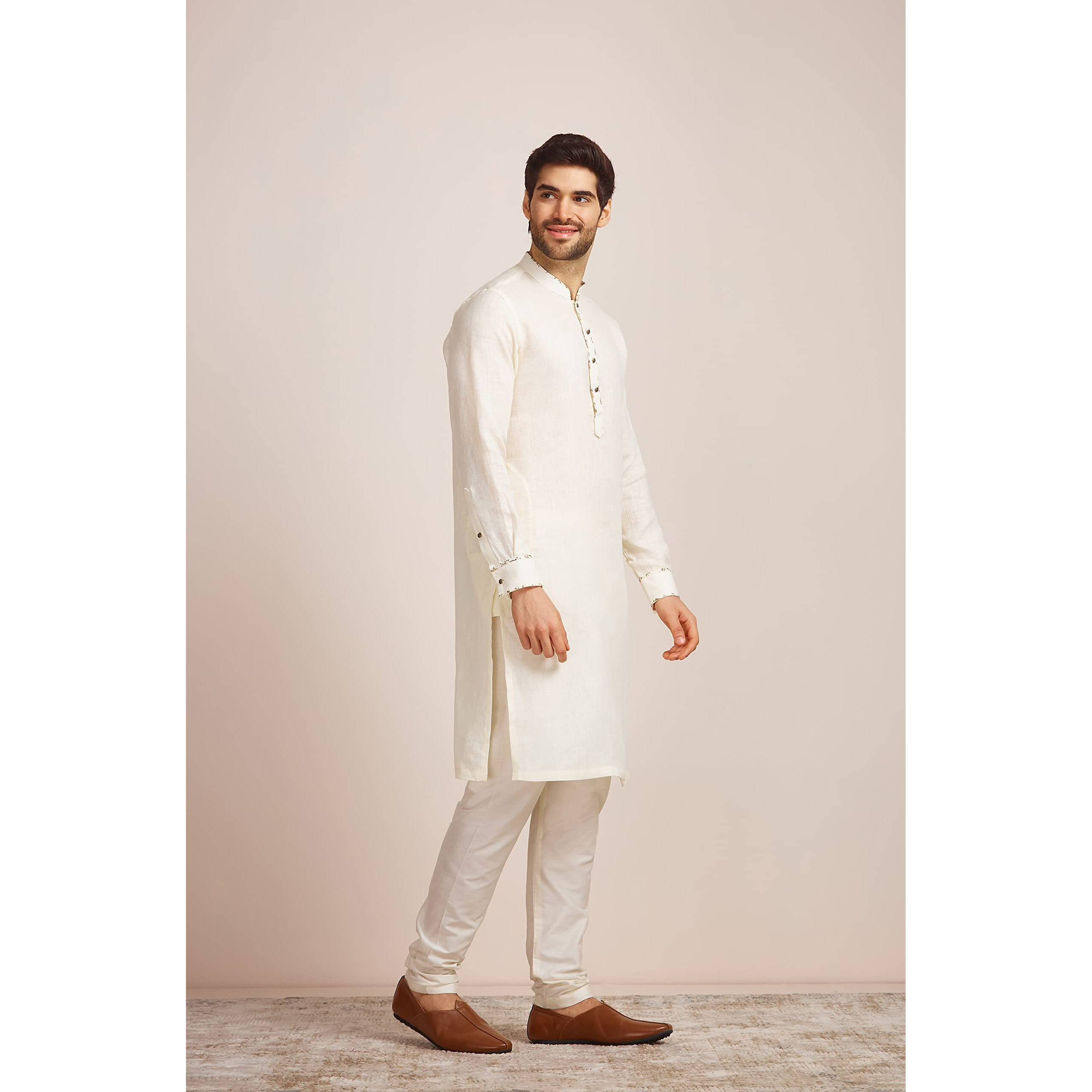Manyavar Off White/Cream Linen Full Sleeve Kurta | Traditional Kurta for Men (M)