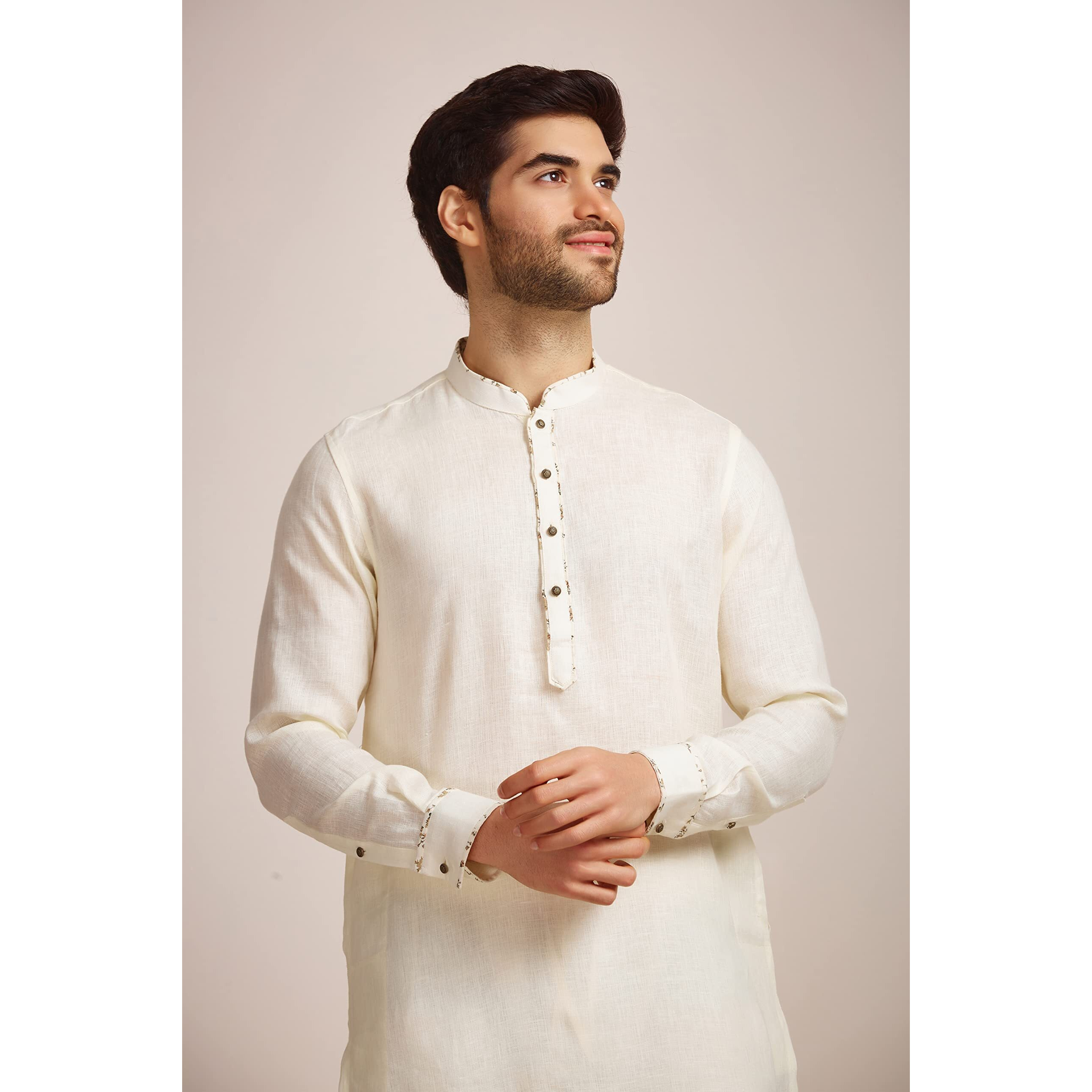 Manyavar Off White/Cream Linen Full Sleeve Kurta | Traditional Kurta for Men (M)